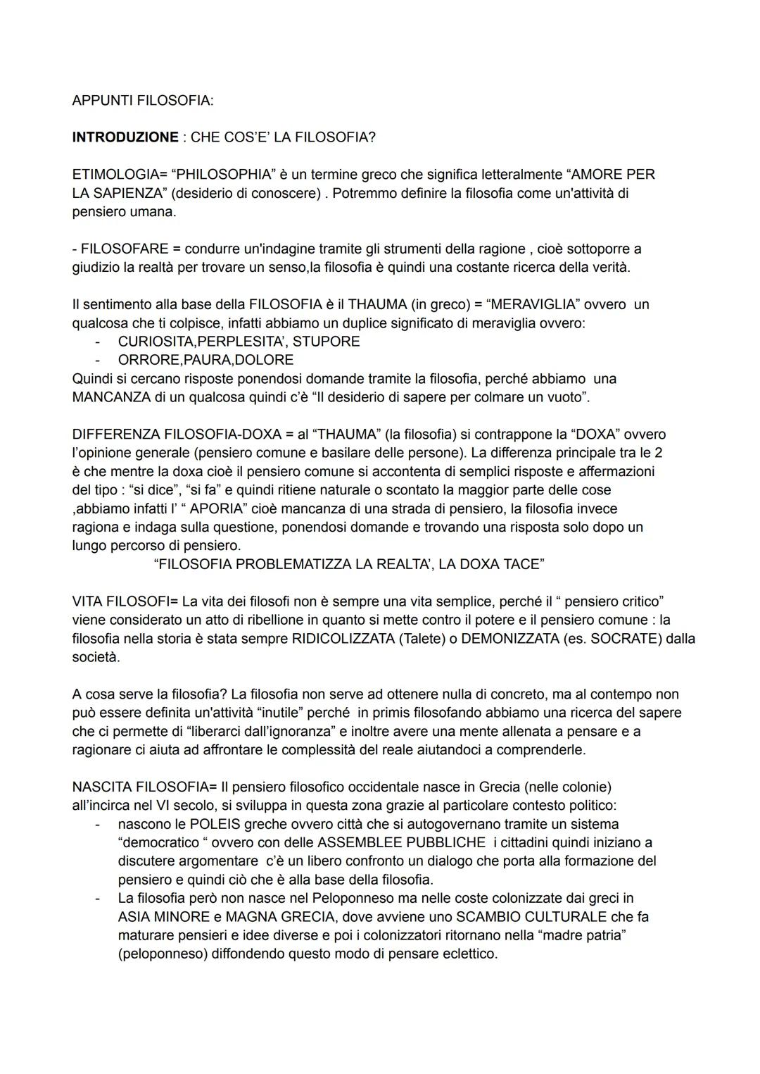 APPUNTI FILOSOFIA:
INTRODUZIONE: CHE COS'E' LA FILOSOFIA?
ETIMOLOGIA= "PHILOSOPHIA" è un termine greco che significa letteralmente "AMORE