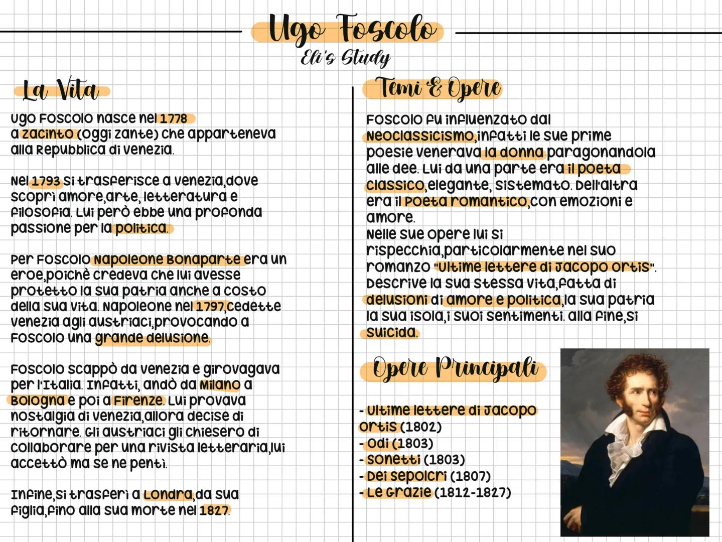 # Ugo Foscolo
Eli's Study
# La Vita
Ugo Foscolo nasce nel 1778
a zacinto (oggi zante) che apparteneva
alla repubblica di venezia.
Nel 1793