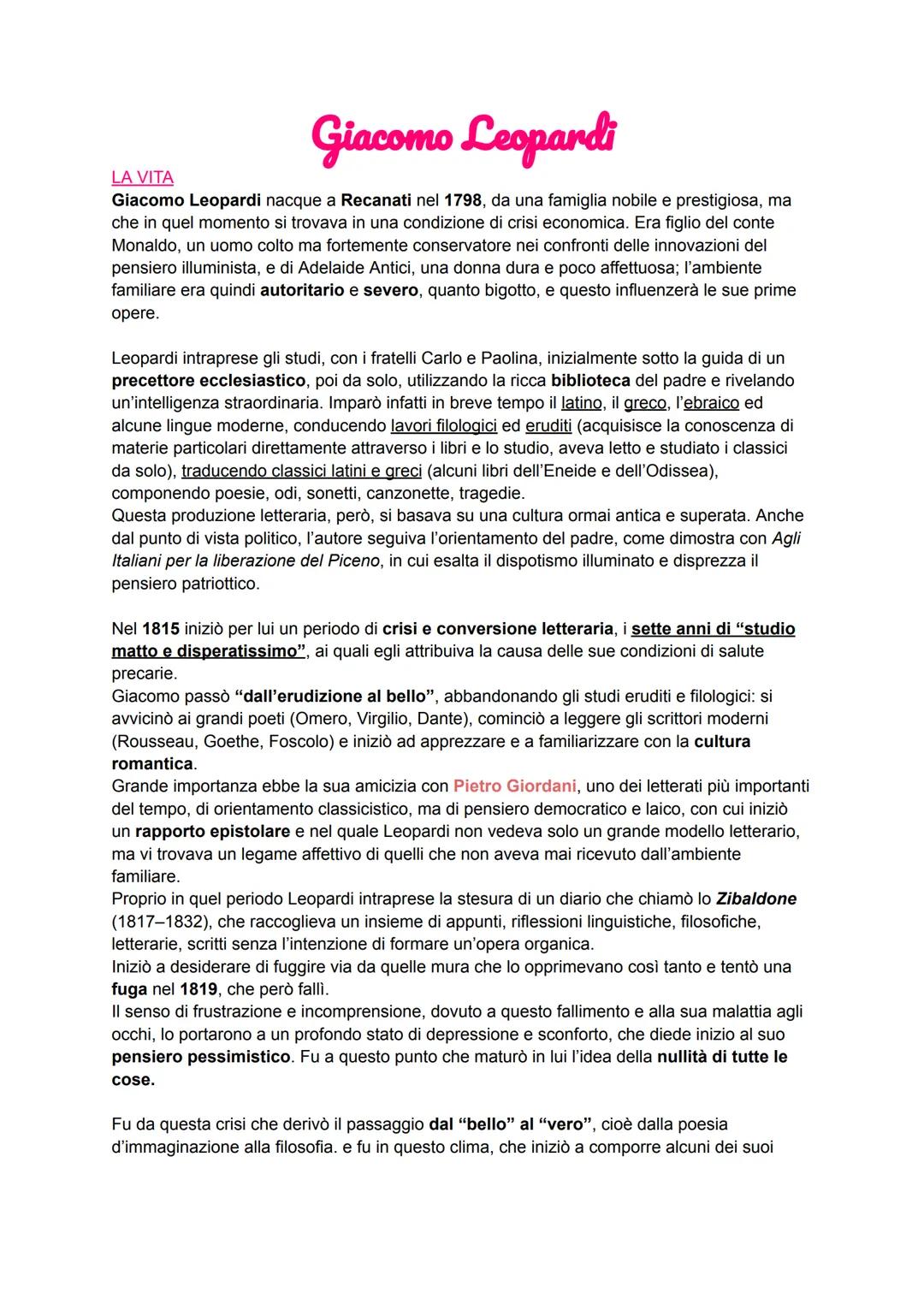 # Giacomo Leopardi
LA VITA
Giacomo Leopardi nacque a Recanati nel 1798, da una famiglia nobile e prestigiosa, ma
che in quel momento si tr