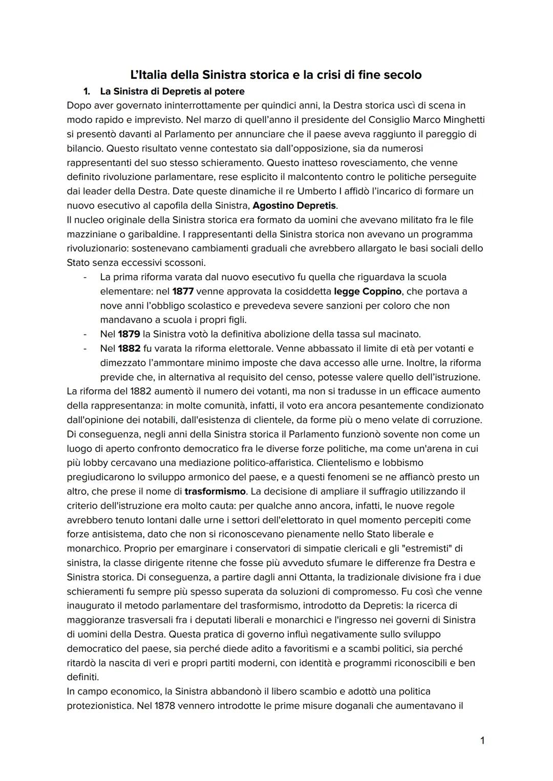 # L'Italia della Sinistra storica e la crisi di fine secolo
1. La Sinistra di Depretis al potere
Dopo aver governato ininterrottamente pe