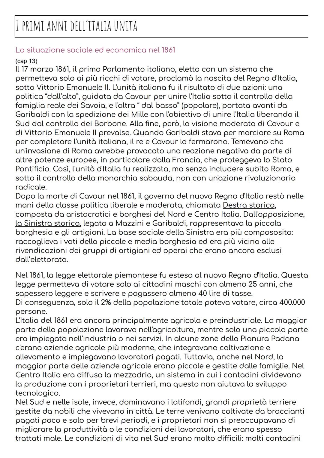 # I PRIMI ANNI DELL'ITALIA UNITA
La situazione sociale ed economica nel 1861
(cap 13)
Il 17 marzo 1861, il primo Parlamento italiano, ele