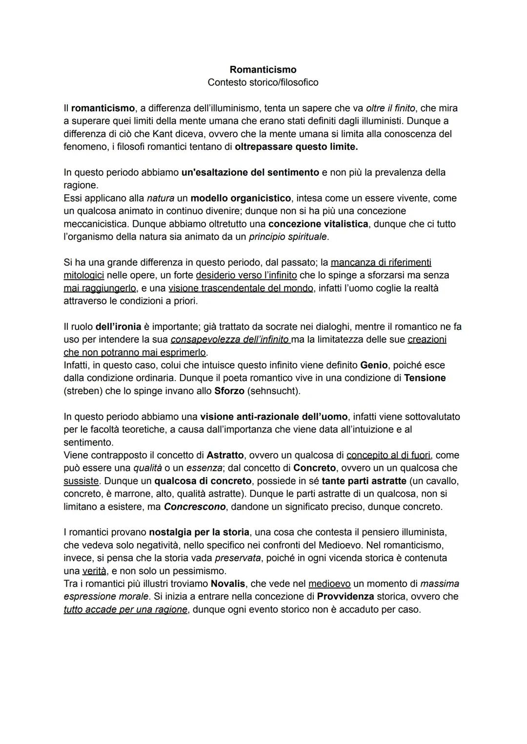 Romanticismo
Contesto storico/filosofico
Il romanticismo, a differenza dell'illuminismo, tenta un sapere che va oltre il finito, che mira
a