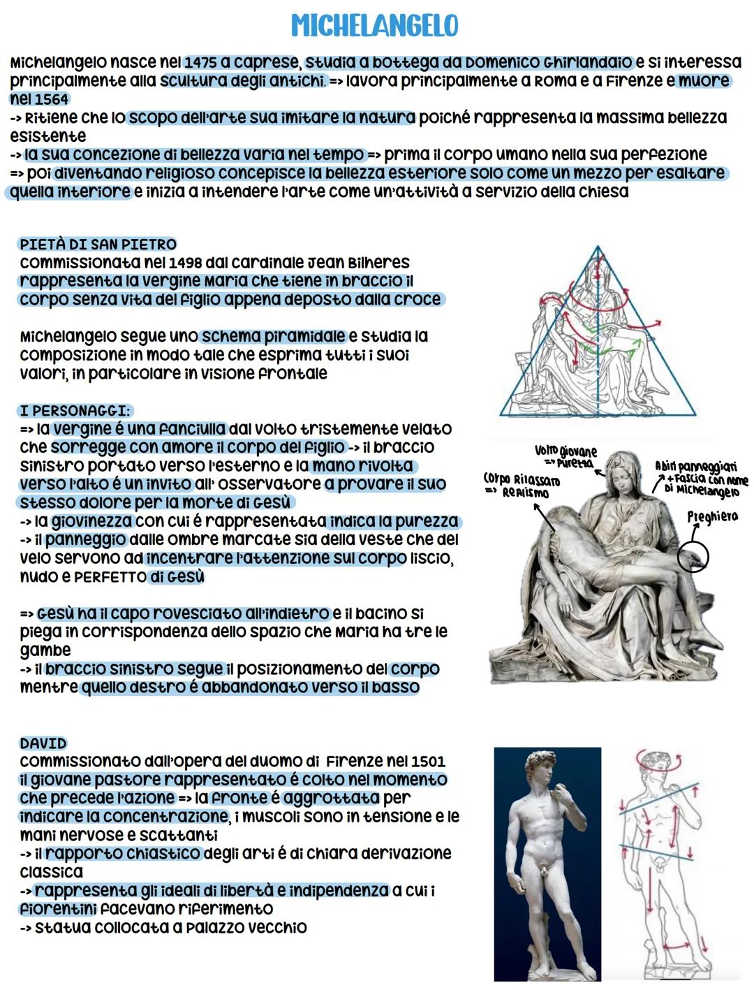 # MICHELANGELO
Michelangelo nasce nel 1475 a caprese, studia a bottega da Domenico Ghirlandaio e si interessa
principalmente alla scultura