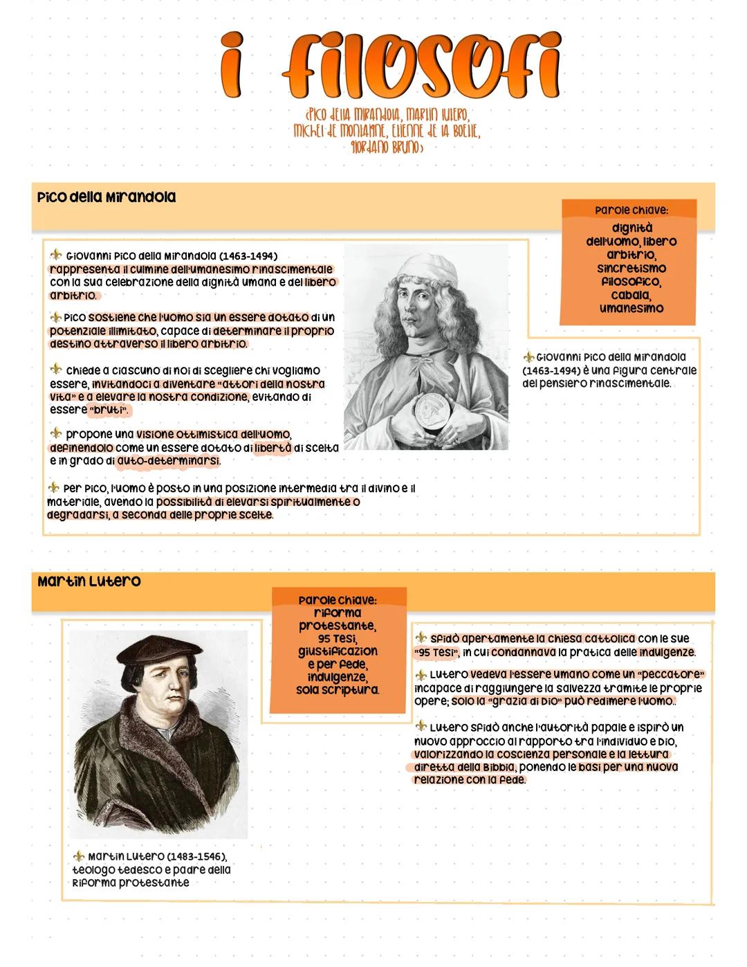 Filosofi - Pico della Mirandola, Lutero, Giordano Bruno, Montaigne,Boetie