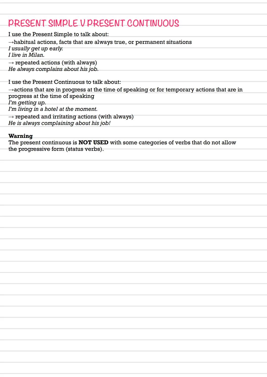 # PRESENT SIMPLE
The present simple is used:
1) per parlare di azioni abituali o ricorrenti (spesso con avverbi ed espressioni di frequenza