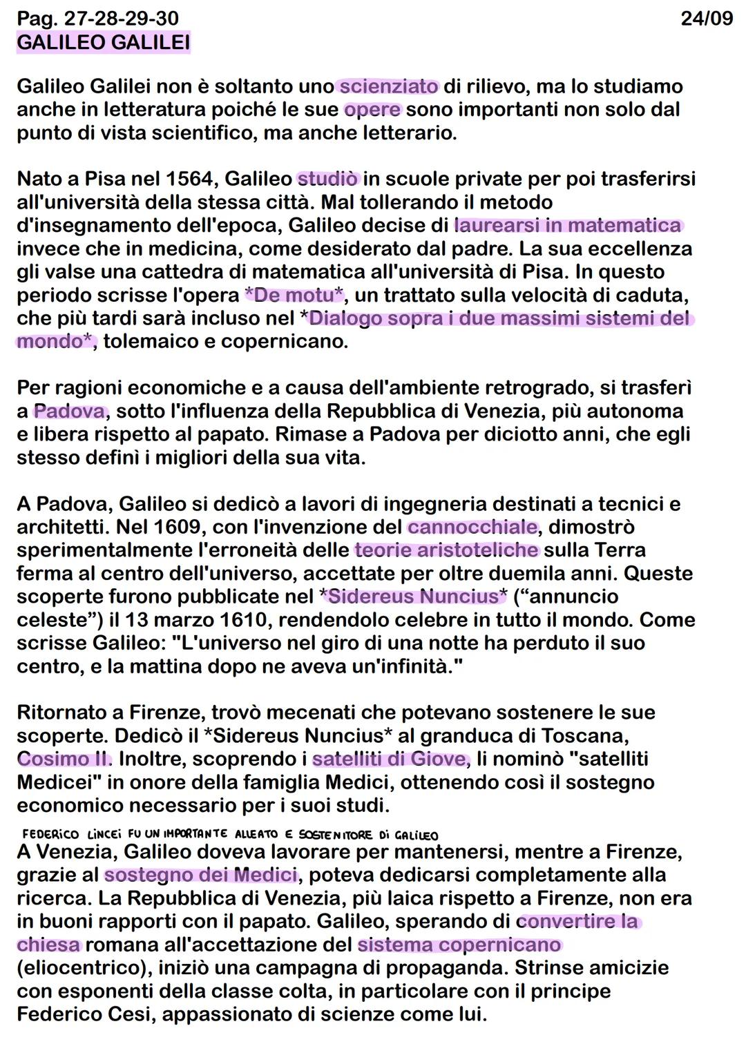 Pag. 27-28-29-30
GALILEO GALILEI
24/09
Galileo Galilei non è soltanto uno scienziato di rilievo, ma lo studiamo
anche in letteratura poiché