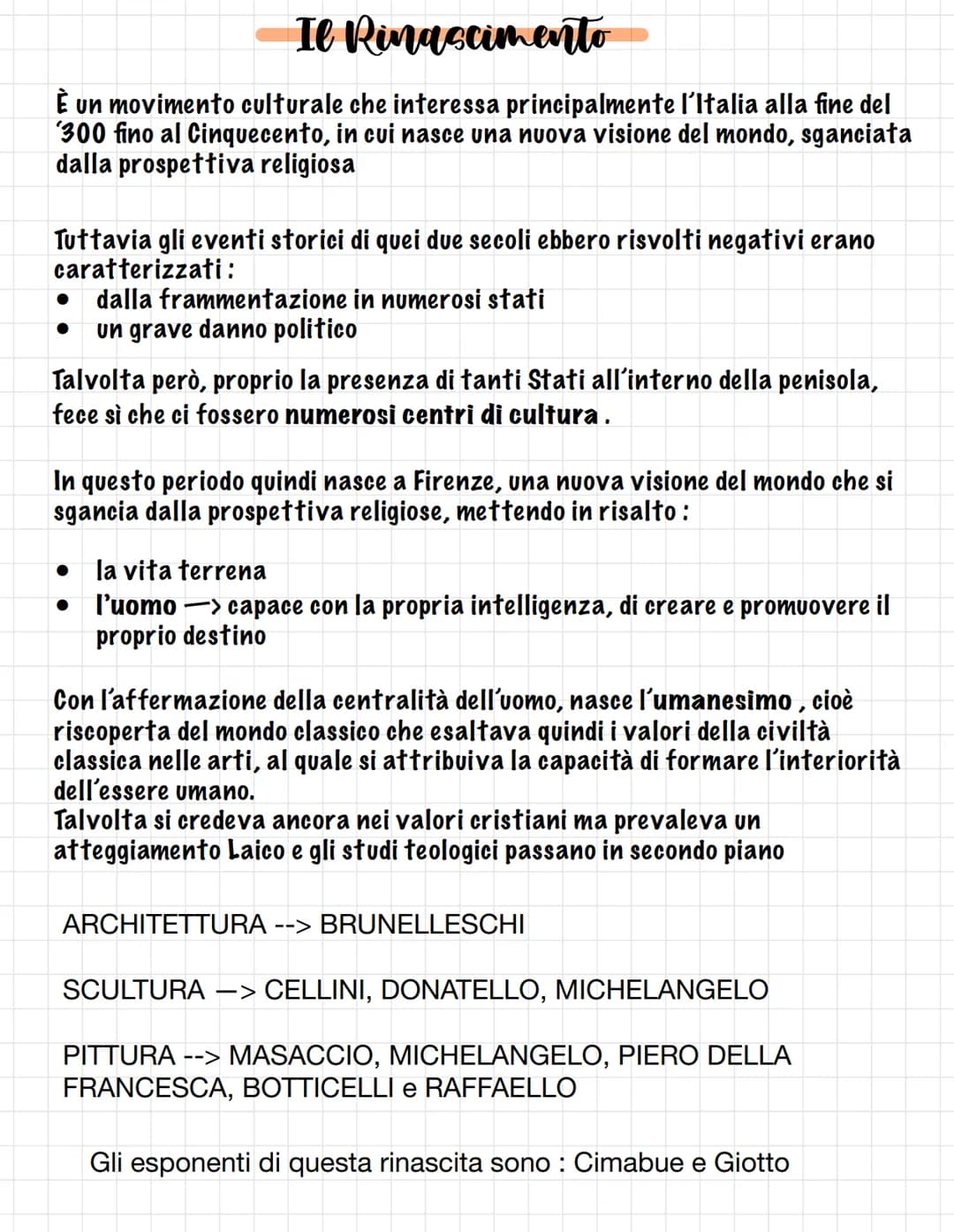 # Il Rinascimento
È un movimento culturale che interessa principalmente l'Italia alla fine del
300 fino al Cinquecento, in cui nasce una nu