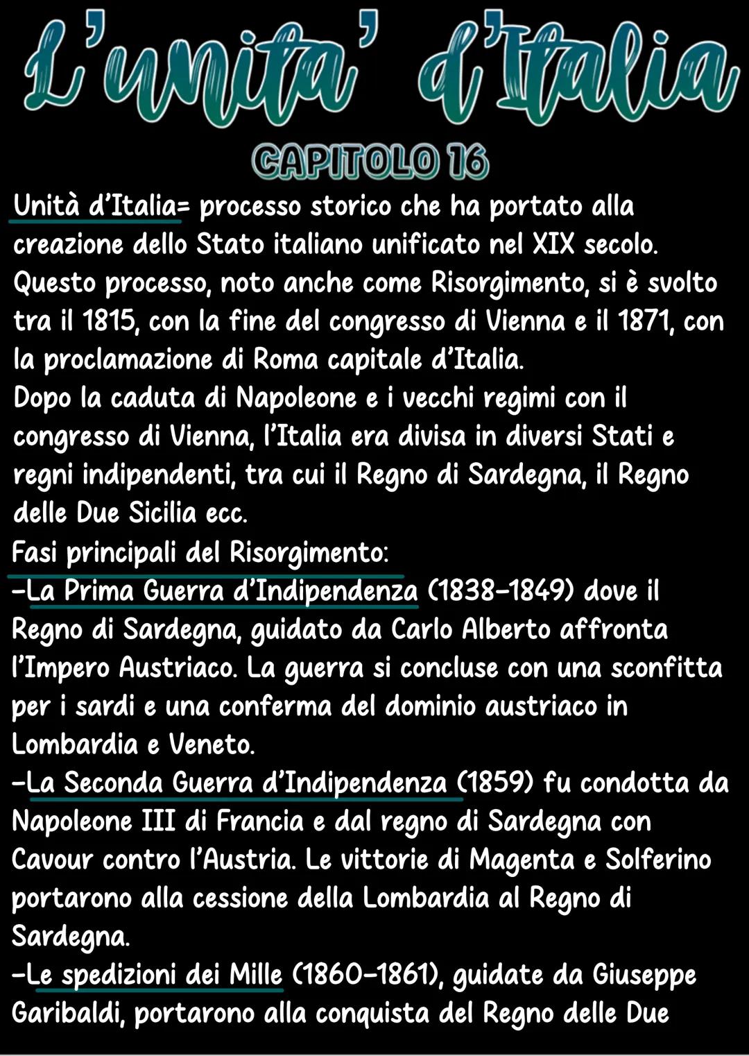 # L'unita' d'Italia
CAPITOLO 16
Unità d'Italia= processo storico che ha portato alla
creazione dello Stato italiano unificato nel XIX seco
