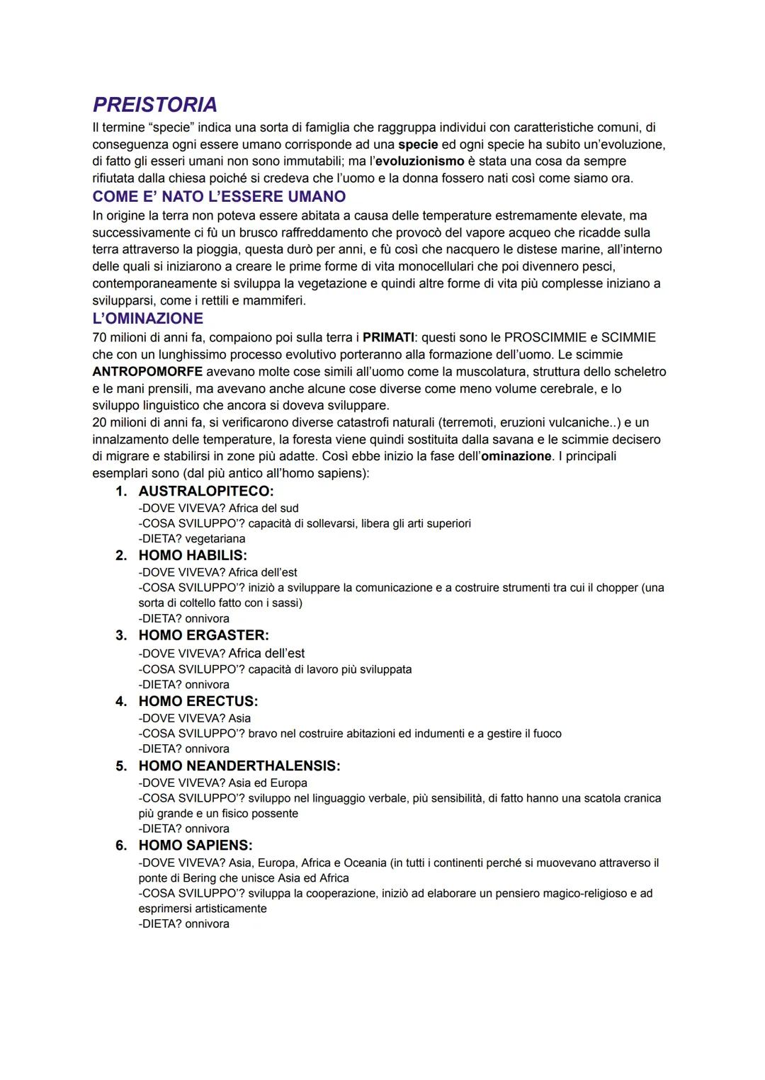 # PREISTORIA
Il termine "specie" indica una sorta di famiglia che raggruppa individui con caratteristiche comuni, di
conseguenza ogni essere