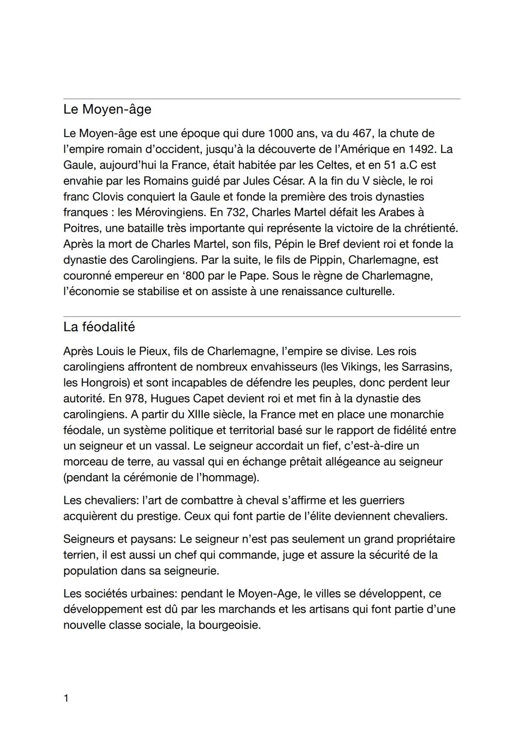 # Le Moyen-âge
Le Moyen-âge est une époque qui dure 1000 ans, va du 467, la chute de
l'empire romain d'occident, jusqu'à la découverte de l