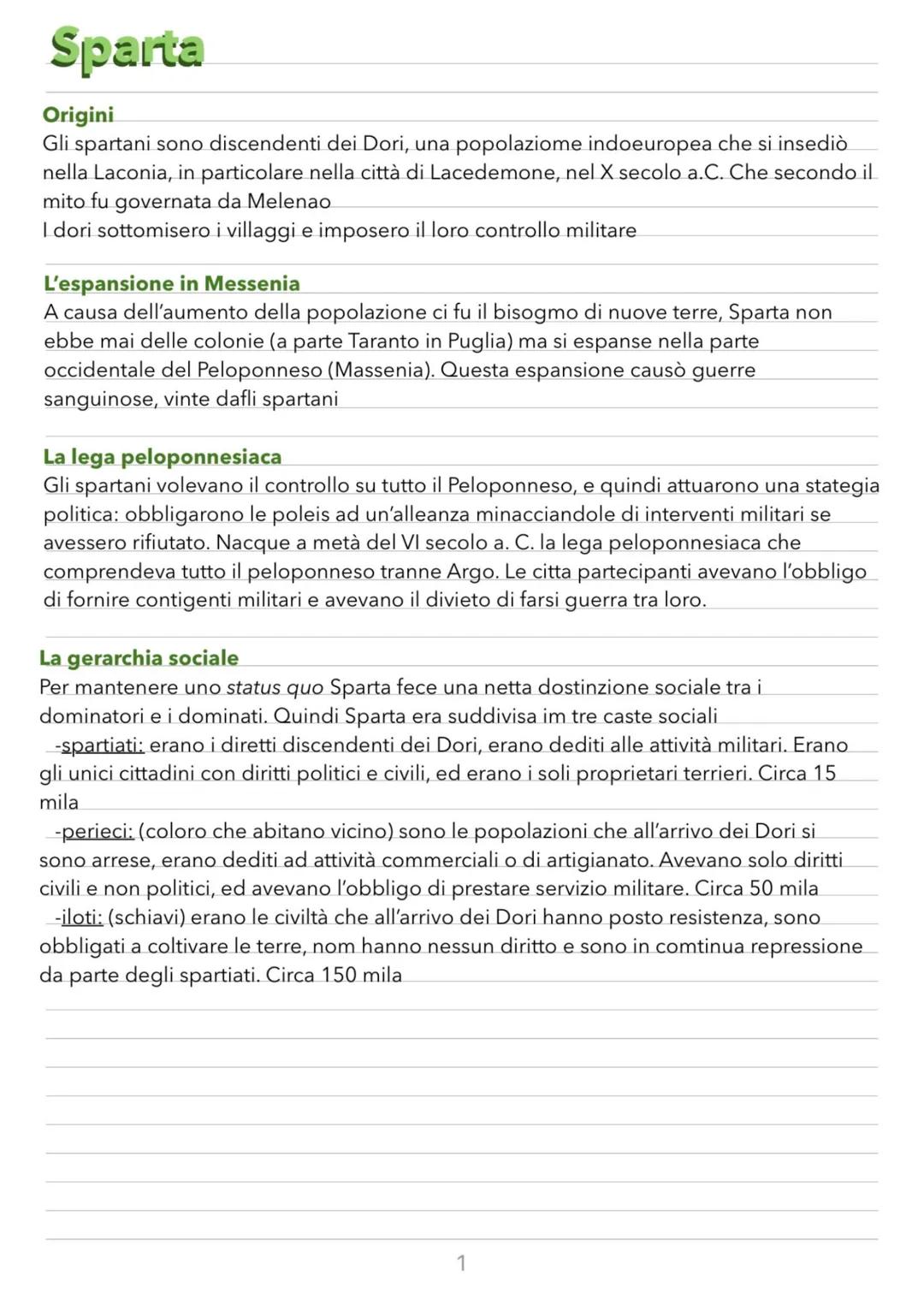 # Sparta
Origini
Gli spartani sono discendenti dei Dori, una popolaziome indoeuropea che si insediò
nella Laconia, in particolare nella cit