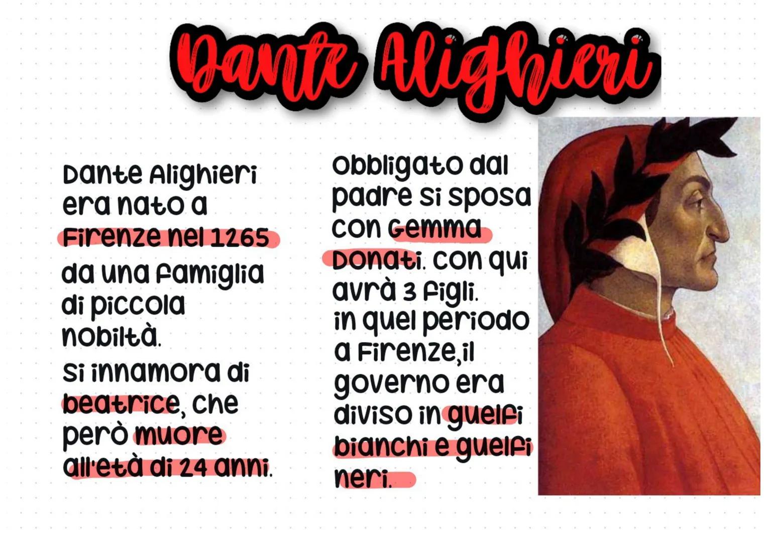 Dante Alighieri
Dante Alighieri
era nato a
Firenze nel 1265
da una famiglia
di piccola
nobiltà.
Si innamora di
beatrice, che
però muore
Obbl