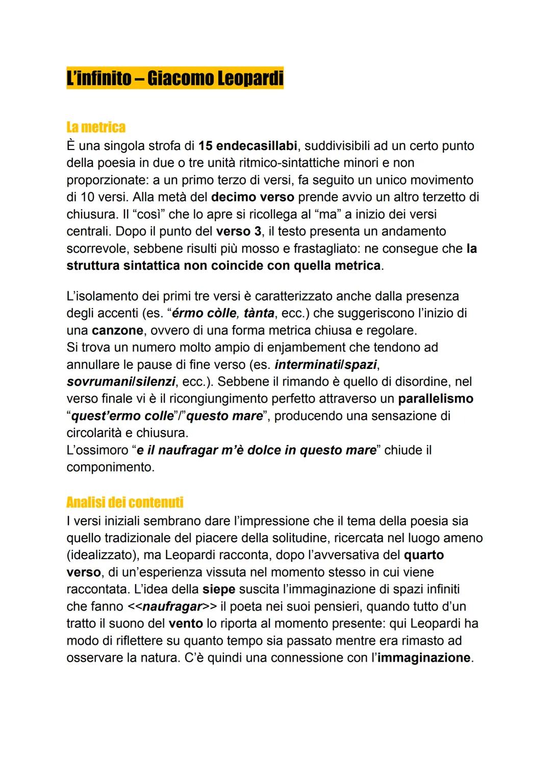 # L'infinito - Giacomo Leopardi
La metrica
È una singola strofa di 15 endecasillabi, suddivisibili ad un certo punto
della poesia in due o