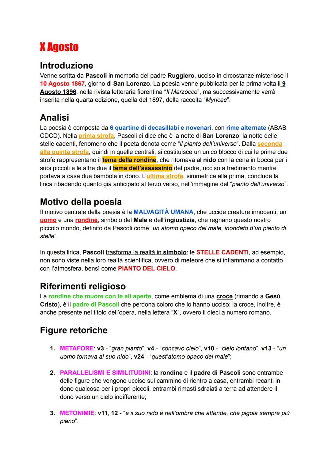 # X Agosto
Introduzione
Venne scritta da Pascoli in memoria del padre Ruggiero, ucciso in circostanze misteriose il
10 Agosto 1867, giorno