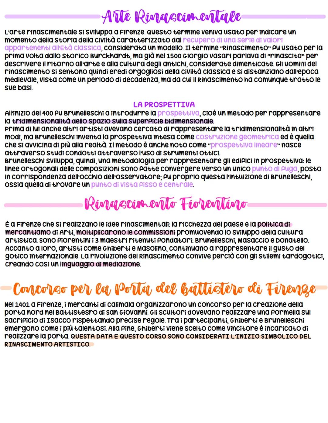 Arte Rinascimentale
L'arte rinascimentale si sviluppa a Firenze. Questo termine veniva usato per indicare un
momento della storia della civi