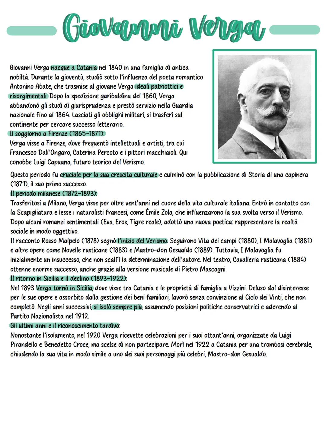 Giovanni Verga
Giovanni Verga nacque a Catania nel 1840 in una famiglia di antica
nobiltà. Durante la gioventù, studiò sotto l'influenza del