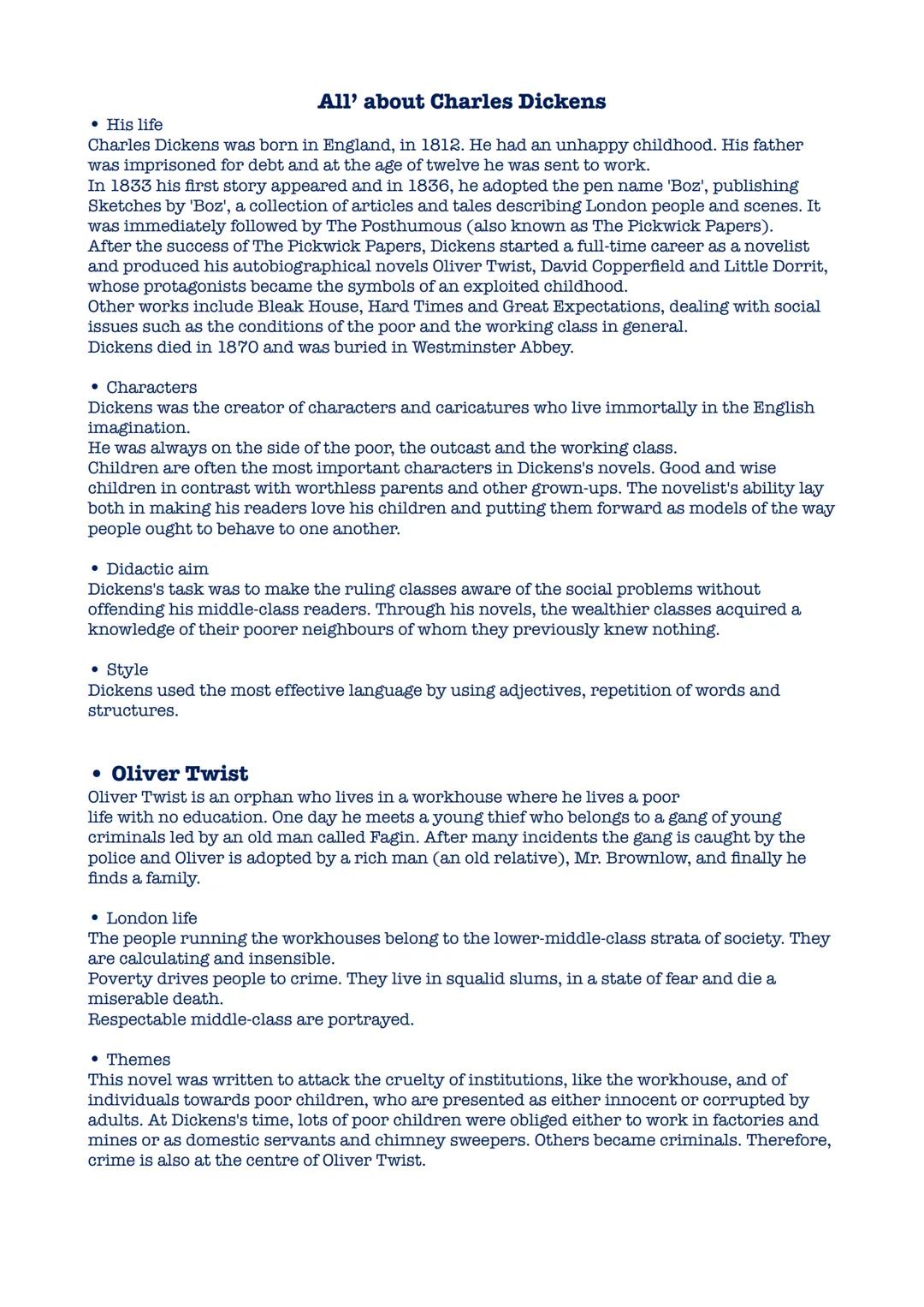 # All' about Charles Dickens
โข His life
Charles Dickens was born in England, in 1812. He had an unhappy childhood. His father
was imprisone