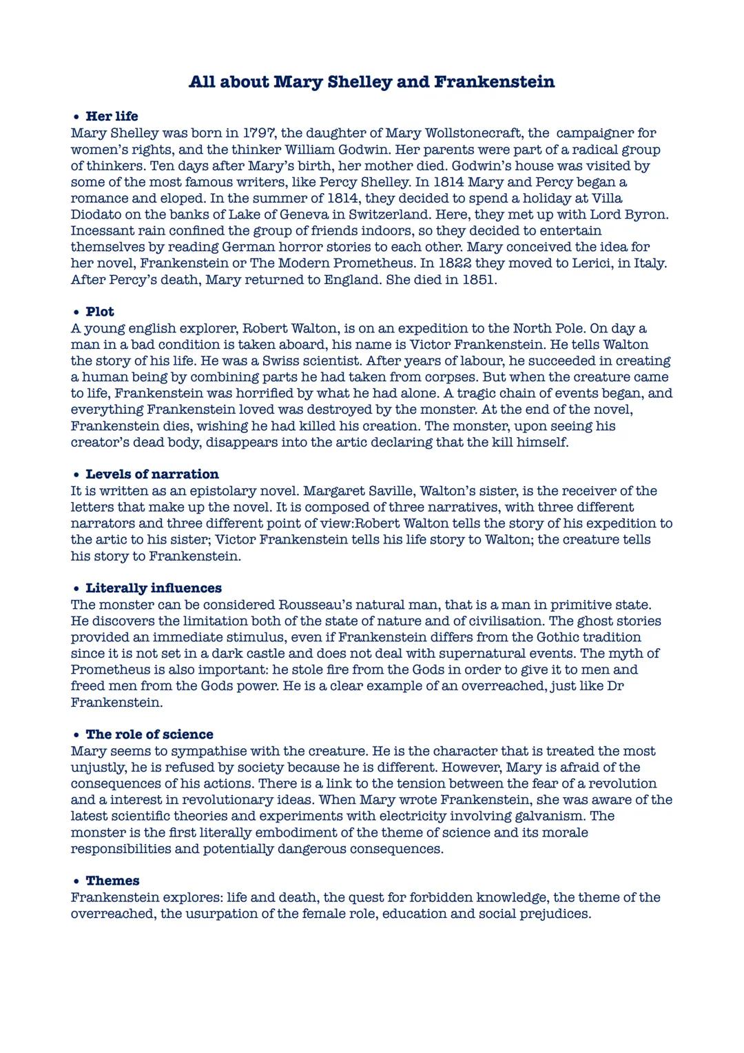 # All about Mary Shelley and Frankenstein
โข Her life
Mary Shelley was born in 1797, the daughter of Mary Wollstonecraft, the campaigner for