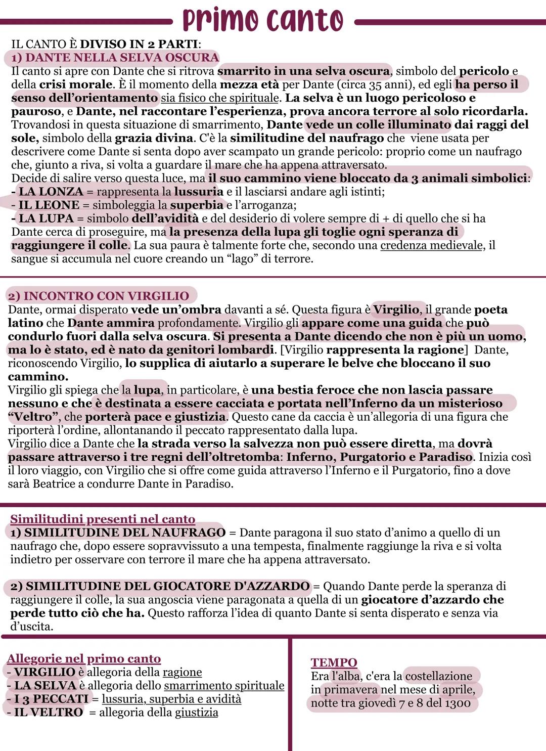 primo canto
IL CANTO È DIVISO IN 2 PARTI:
1) DANTE NELLA SELVA OSCURA
Il canto si apre con Dante che si ritrova smarrito in una selva oscura