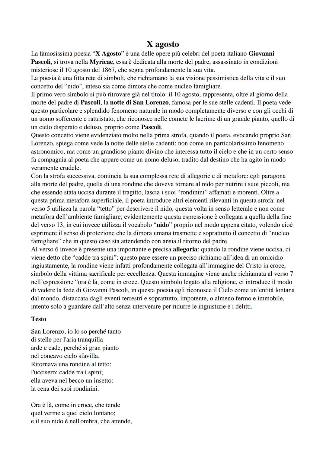 X agosto
La famosissima poesia "X Agosto" è una delle opere più celebri del poeta italiano Giovanni
Pascoli, si trova nella Myricae, essa è