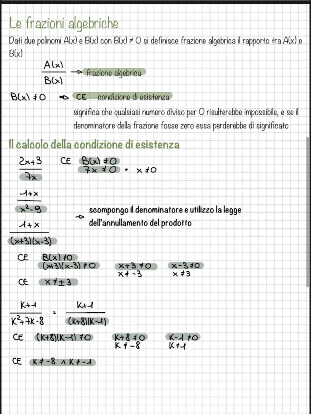 Le frazioni algebriche
Dati due polinomi A(x) e B(x) con B(x) # O si definisce frazione algebrica il rapporto tra A(x) e
B(x)
A(x)
→ frazion