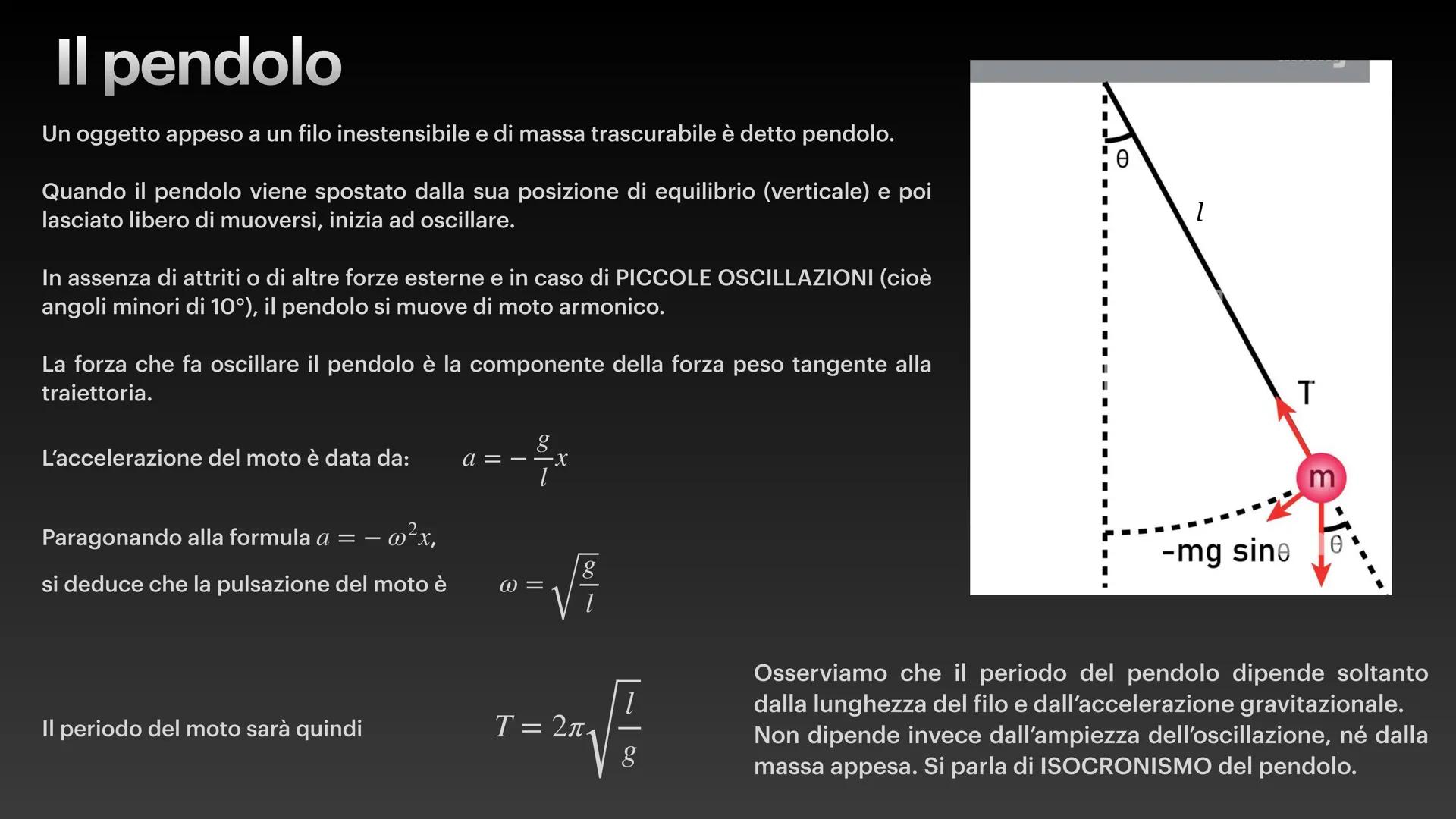 a(t)
v(t)
1
x(t)
0
π/2
3π/2
2π
5π/2
3π
7π/2
41
-1
-2
x(t) = Asin(wt + 4)
v(t) = Awcos (wt + 4)
a(t) = -w²x(t)
Il moto armonico
Pendolo e o