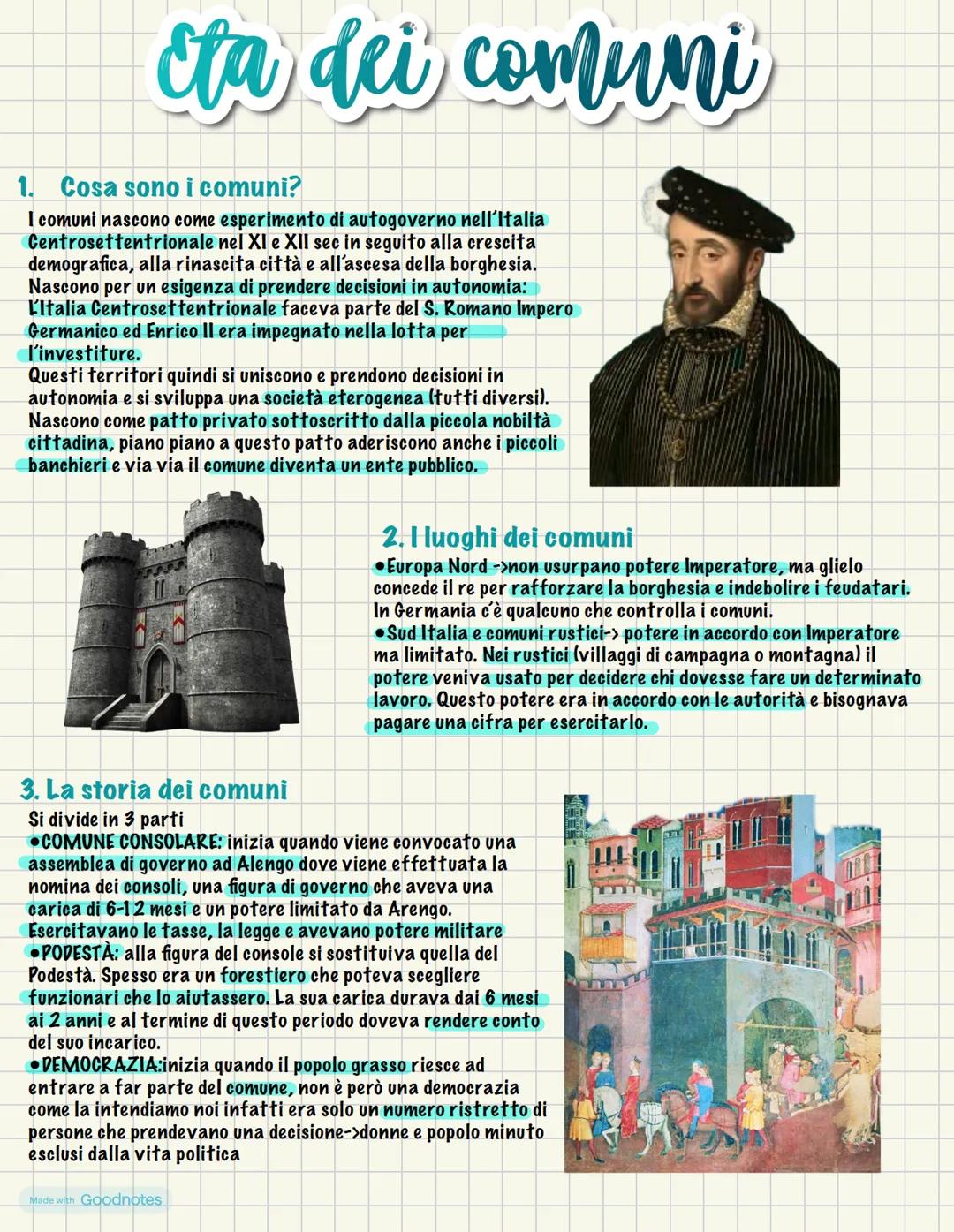 # Eta dei comuni
1. Cosa sono i comuni?
I comuni nascono come esperimento di autogoverno nell'Italia
Centrosettentrionale nel XI e XII sec