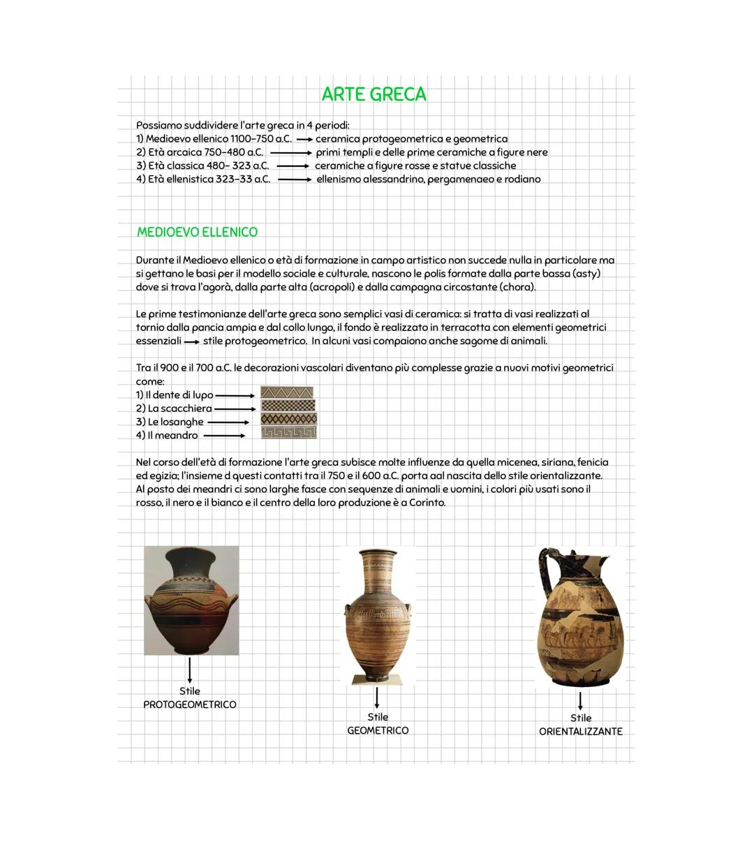 # ARTE GRECA
Possiamo suddividere l'arte greca in 4 periodi:
1) Medioevo ellenico 1100-750 a.C. ceramica protogeometrica e geometrica
2) E