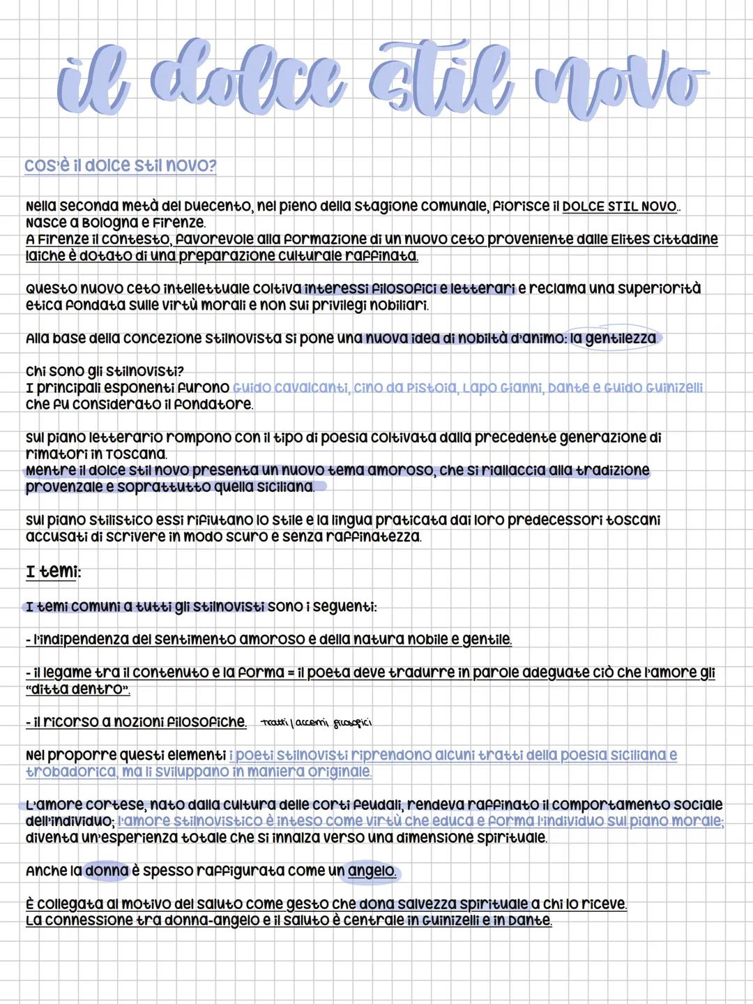 il dolce stil Novo
cos'è il dolce stil novo?
Nella seconda metà del Duecento, nel pieno della stagione comunale, fiorisce il DOLCE STIL NOVO