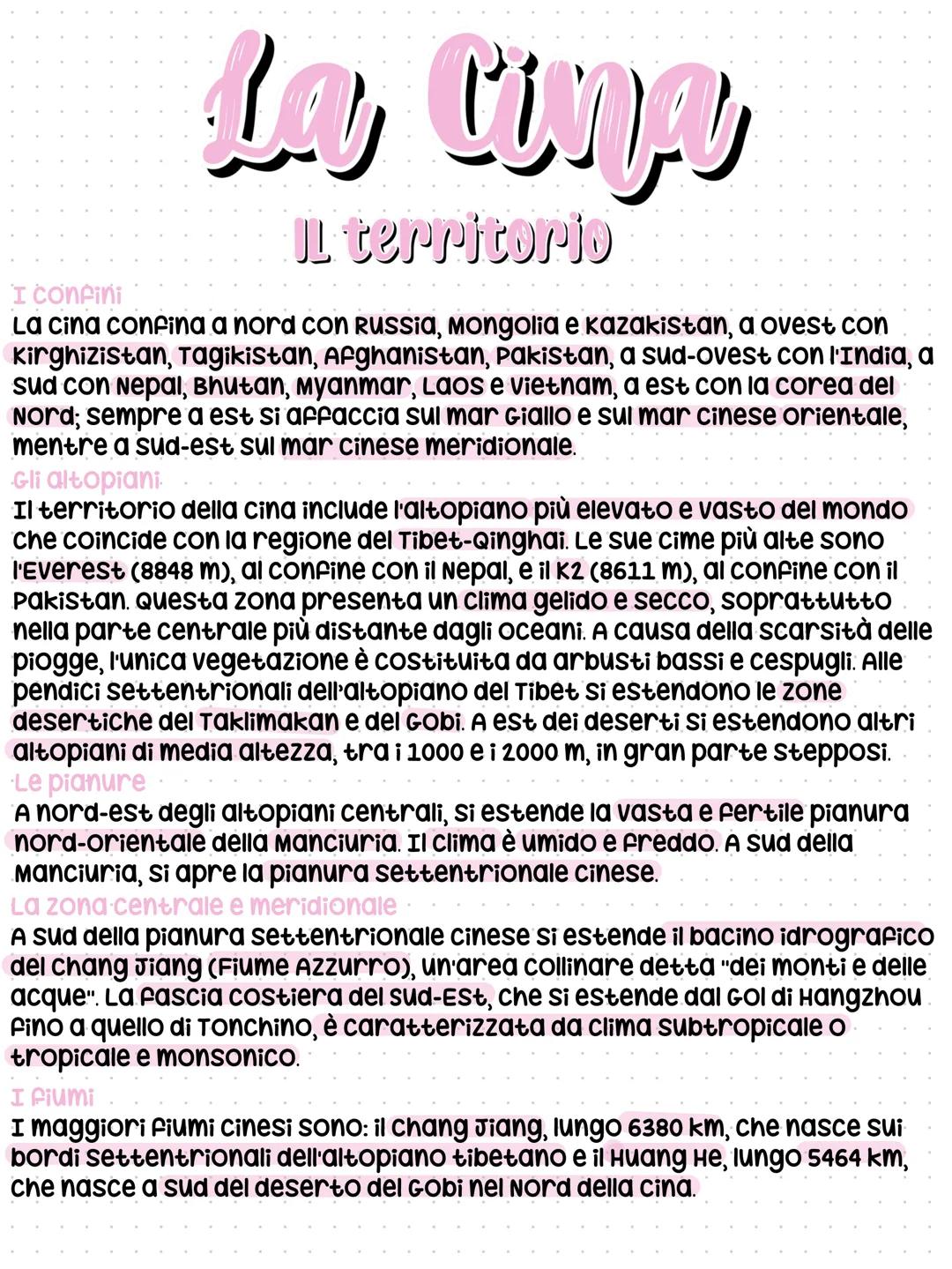 I confini
La ting
Il territorio
La cina confina a nord con Russia, Mongolia e Kazakistan, a ovest con
Kirghizistan, Tagikistan, Afghanistan,
