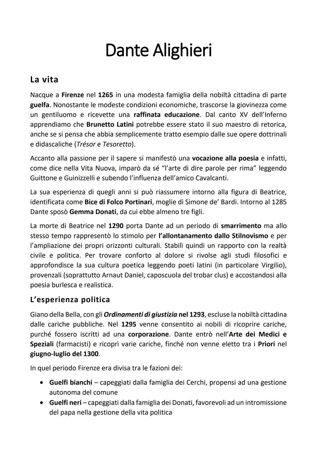 # Dante Alighieri
La vita
Nacque a Firenze nel 1265 in una modesta famiglia della nobiltà cittadina di parte
guelfa. Nonostante le modeste