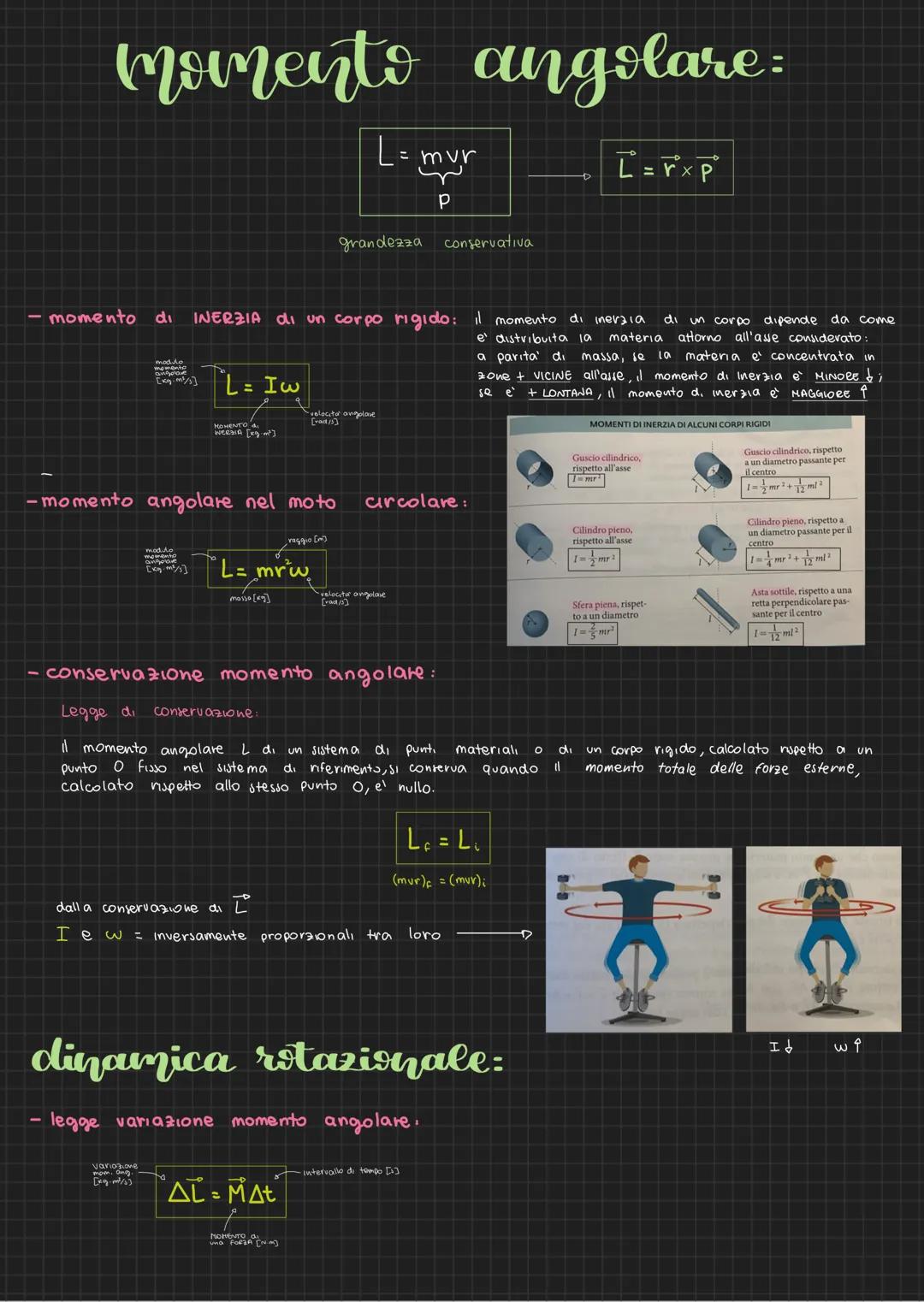 # momento angolare:
$L=mvr$
$P$
grandezza conservativa
$L=r x P$
- momento di INERZIA di un corpo rigido: il momento di inerzia di un c