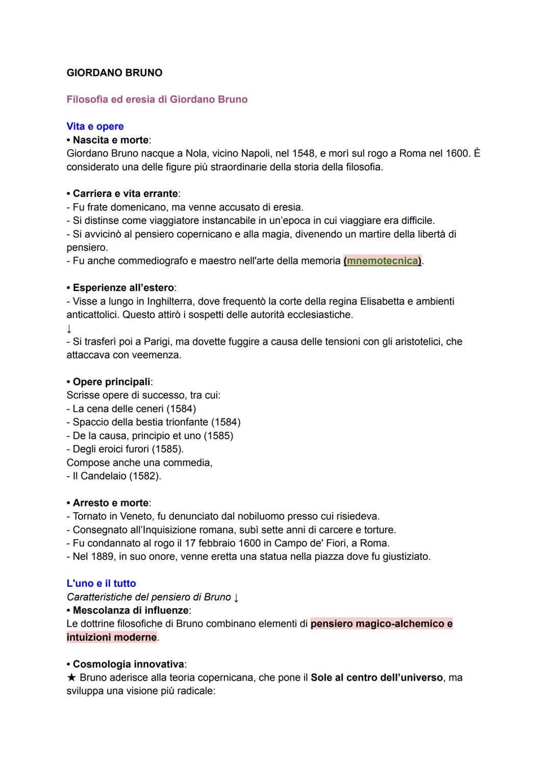 GIORDANO BRUNO
Filosofia ed eresia di Giordano Bruno
Vita e opere
โข Nascita e morte:
Giordano Bruno nacque a Nola, vicino Napoli, nel 1548,