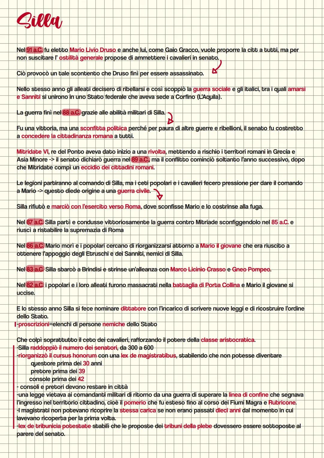 # Silla
Nel 91 a.C. fu eletto Mario Livio Druso e anche lui, come Gaio Gracco, vuole proporre la citt a tutti, ma per
non suscitare l' osti