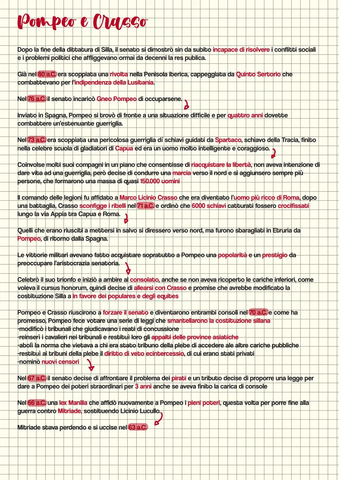 # Pompeo e Crasso
Dopo la fine della dittatura di Silla, il senato si dimostrò sin da subito incapace di risolvere i conflitti sociali
e i