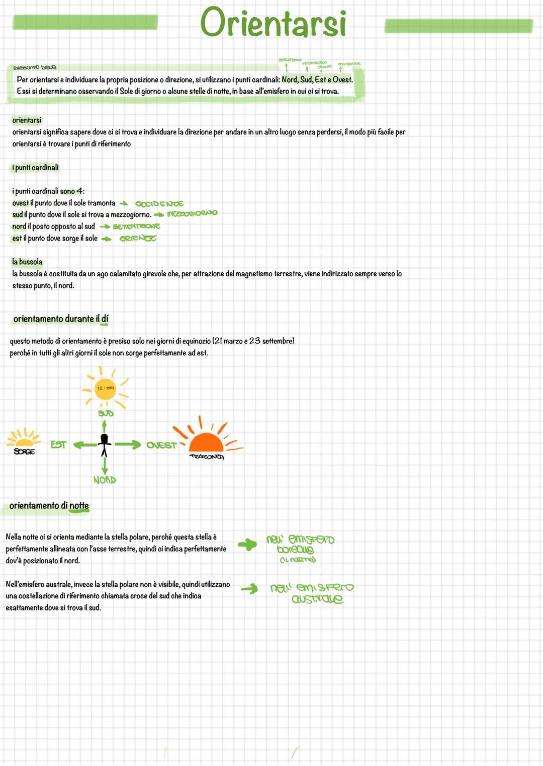 # Orientarsi
Ressunto breve
Per orientarsi e individuare la propria posizione o direzione, si utilizzano i punti cardinali: Nord, Sud, Est