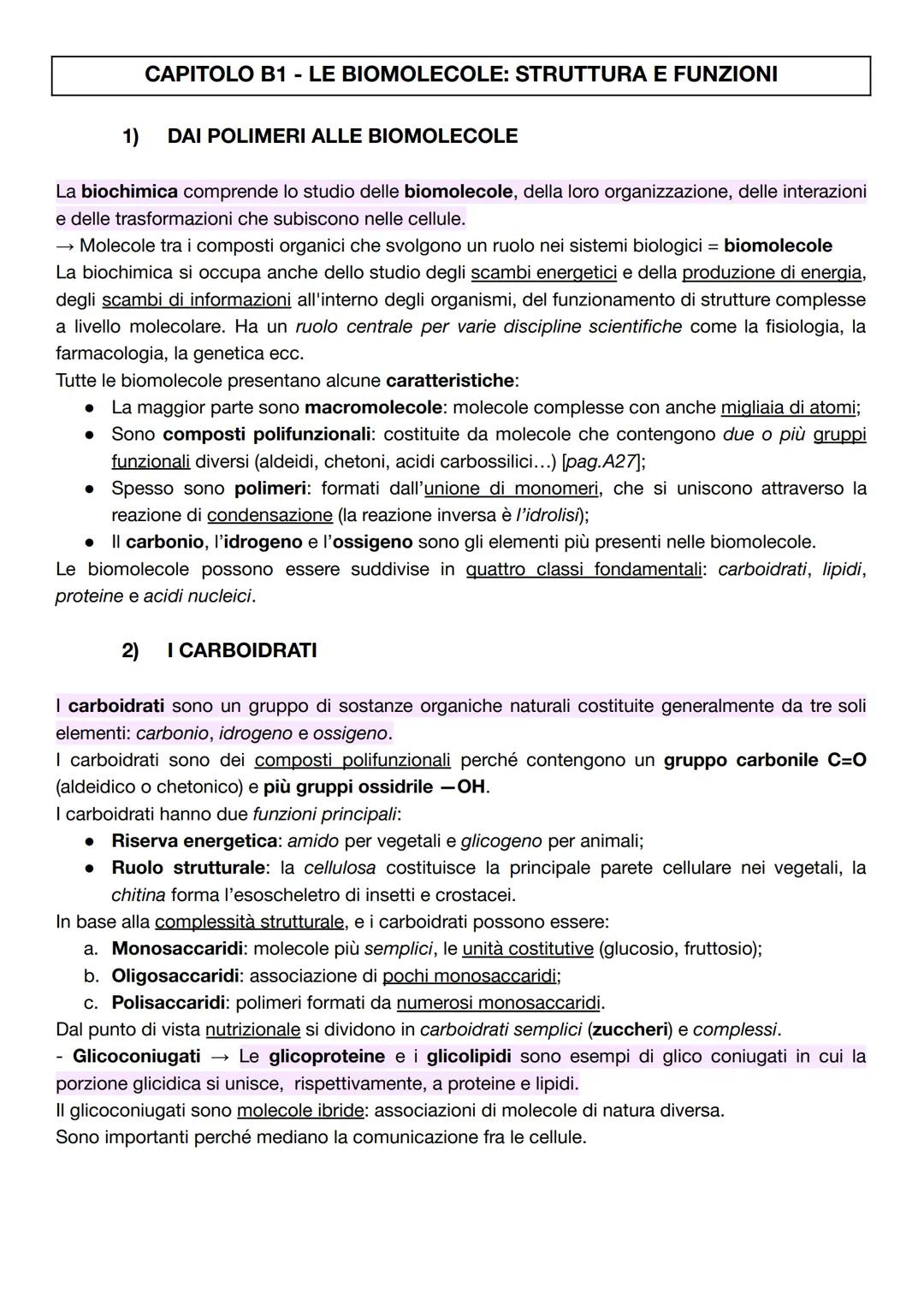 # CAPITOLO B1 - LE BIOMOLECOLE: STRUTTURA E FUNZIONI
1) DAI POLIMERI ALLE BIOMOLECOLE
La biochimica comprende lo studio delle biomolecole,