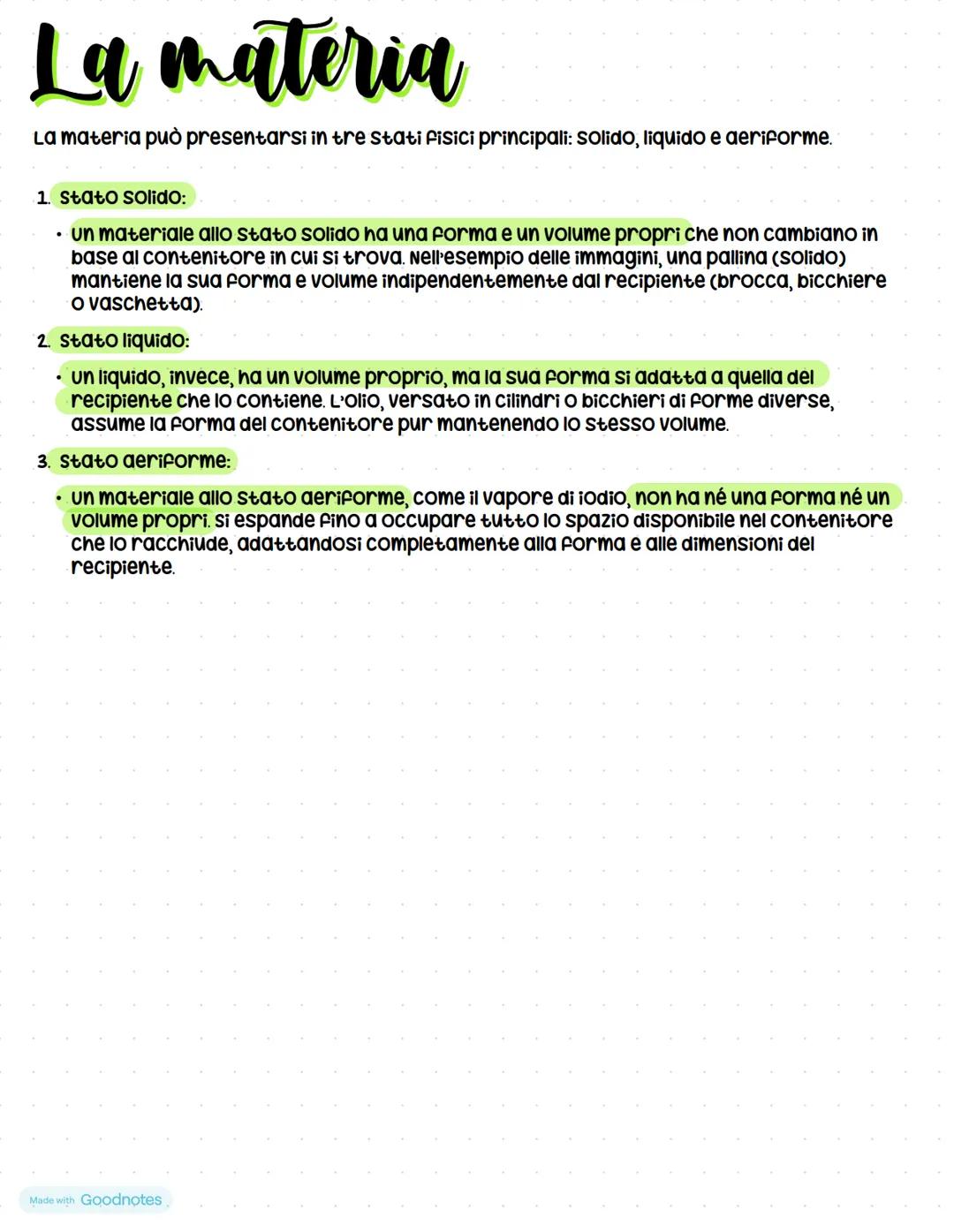 La materia
La materia può presentarsi in tre stati fisici principali: solido, liquido e aeriforme.
1. Stato solido:
⚫ un materiale allo stat
