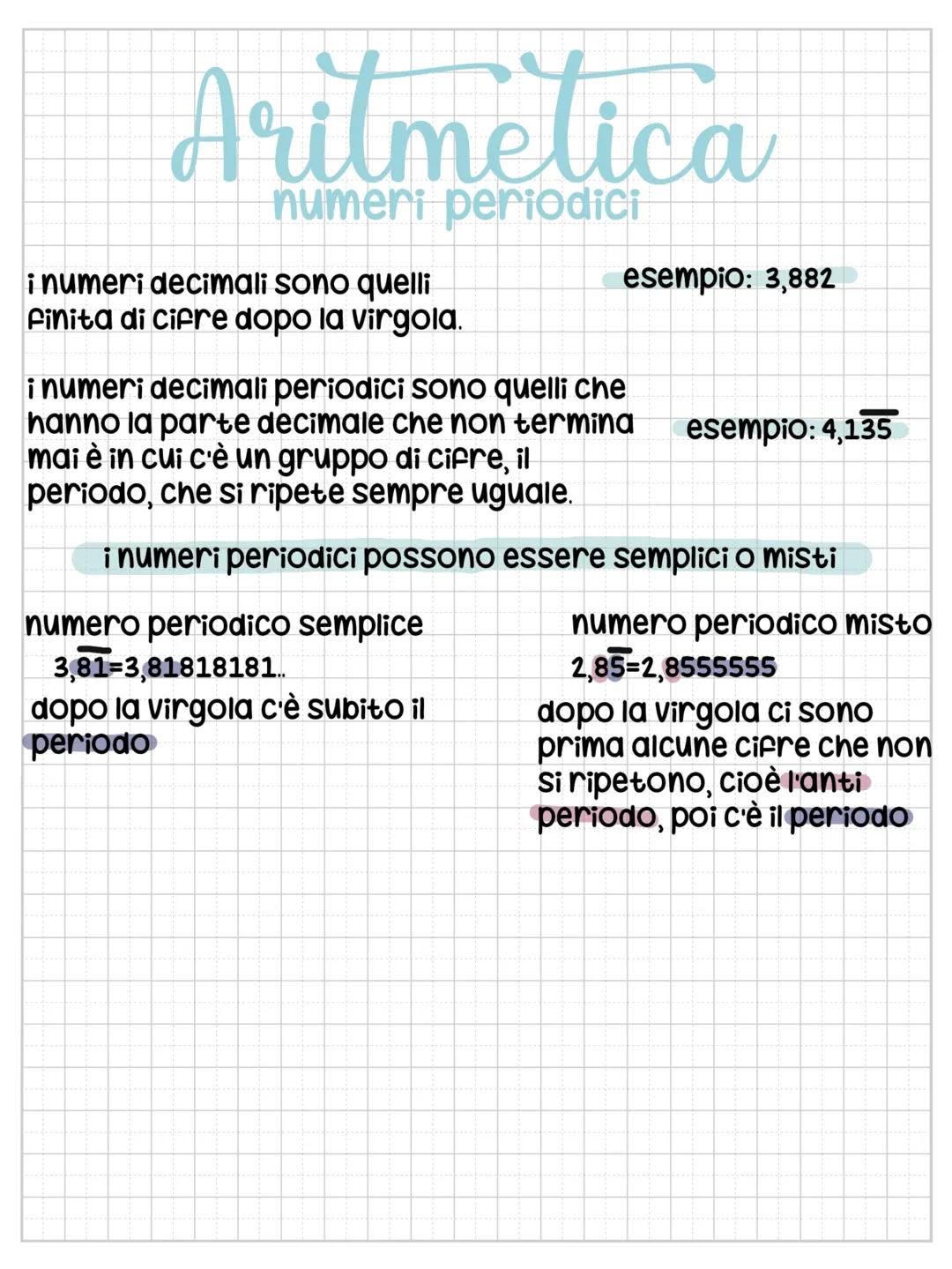 # Aritmetica
numeri periodici
i numeri decimali sono quelli
finita di cifre dopo la virgola.
esempio: 3,882
i numeri decimali periodici