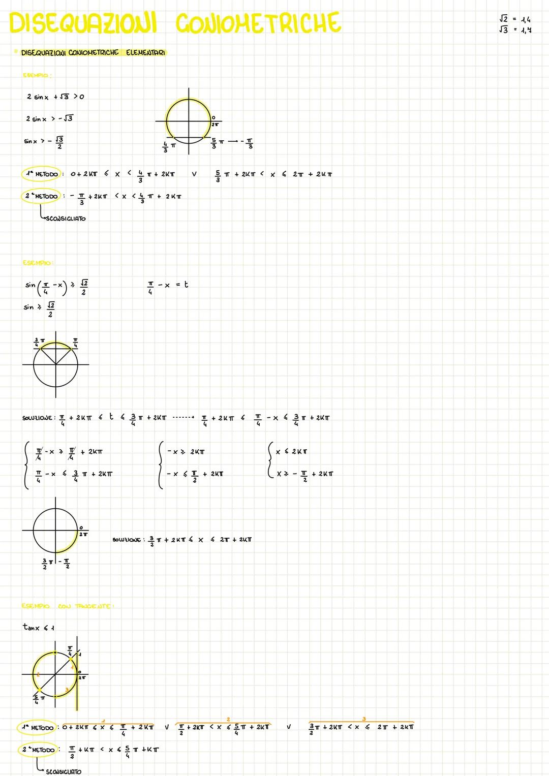 # DISEQUAZIONI CONIOMETRICHE
DISEQUAZIONI CONIOMETRICHE ELEMENTARI
2 sinx + √3 >ㅇ
2 sin x > -13
Gin x > -
ㅠ
1* NETODO: 0+2KTX <+2KT
2