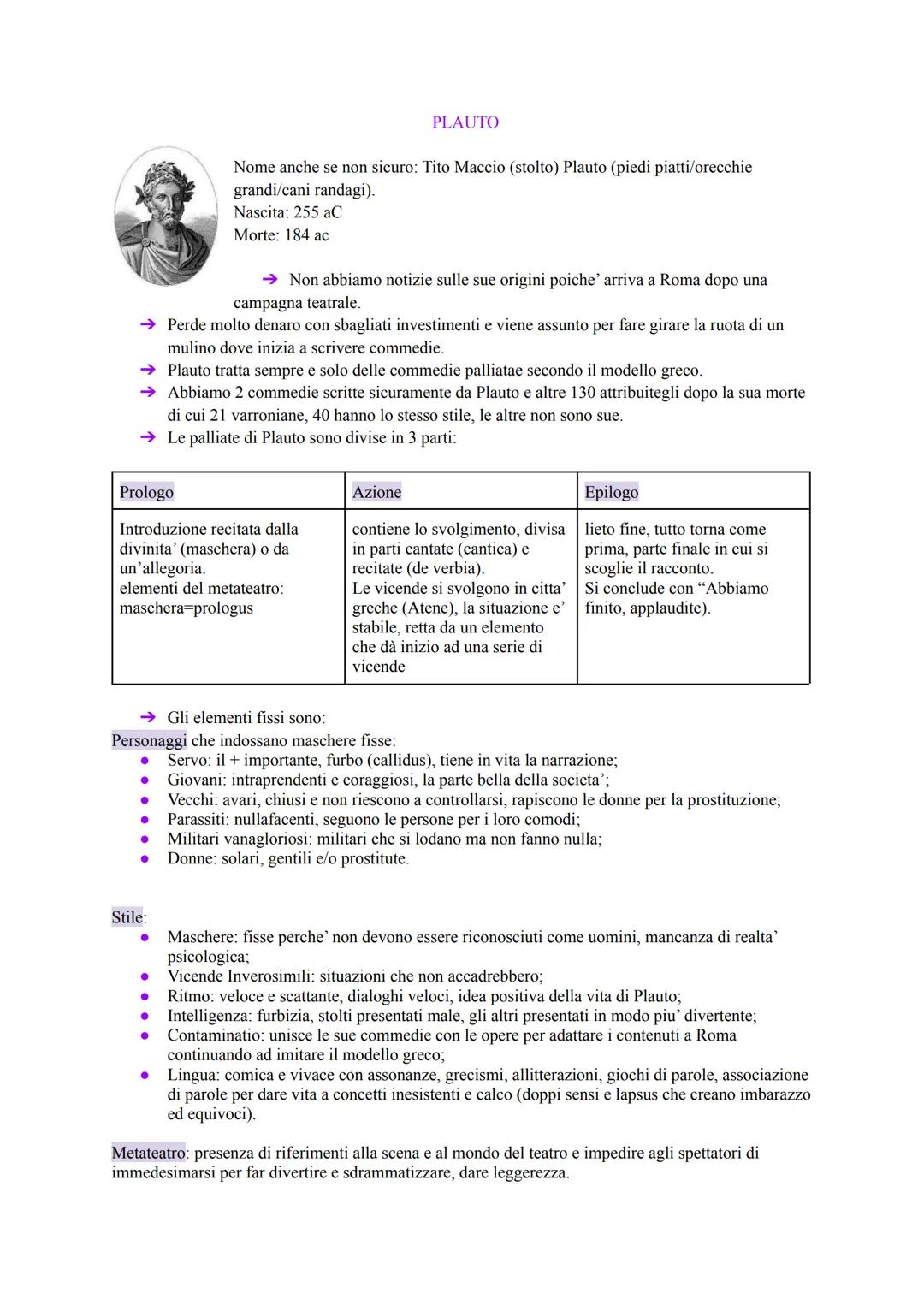 # PLAUTO
Nome anche se non sicuro: Tito Maccio (stolto) Plauto (piedi piatti/orecchie
grandi/cani randagi).
Nascita: 255 aC
Morte: 184 ac
