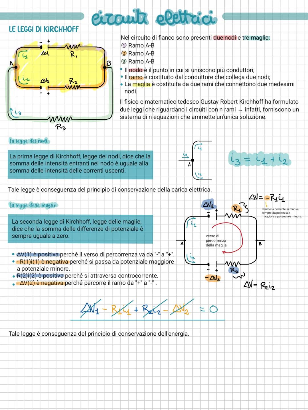 # circuiti elettrici
# LE LEGGI DI KIRCHHOFF
Nel circuito di fianco sono presenti due nodi e tre maglie:
1. Ramo A-B
2. Ramo A-B
3. Ramo