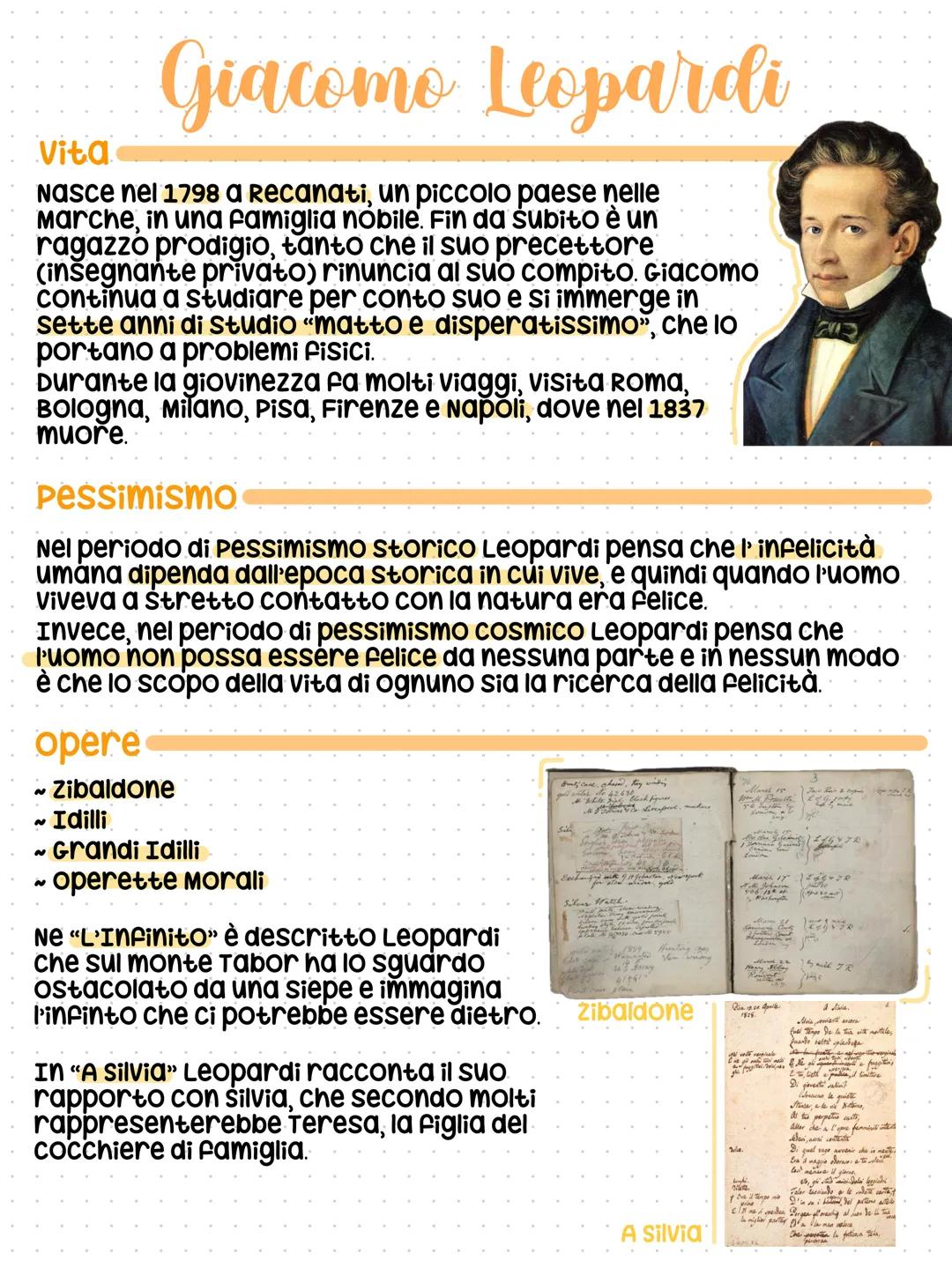 # Giacomo Leopardi
## Vita
Nasce nel 1798 a Recanati, un piccolo paese nelle Marche, in una famiglia nobile. Fin da subito è un ragazzo pr