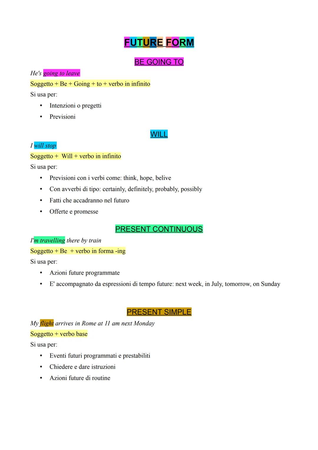 --- OCR Start ---
He's going to leave
FUTURE FORM
BE GOING TO
Soggetto + Be + Going + to + verbo in infinito
Si usa per:
Intenzioni o preget