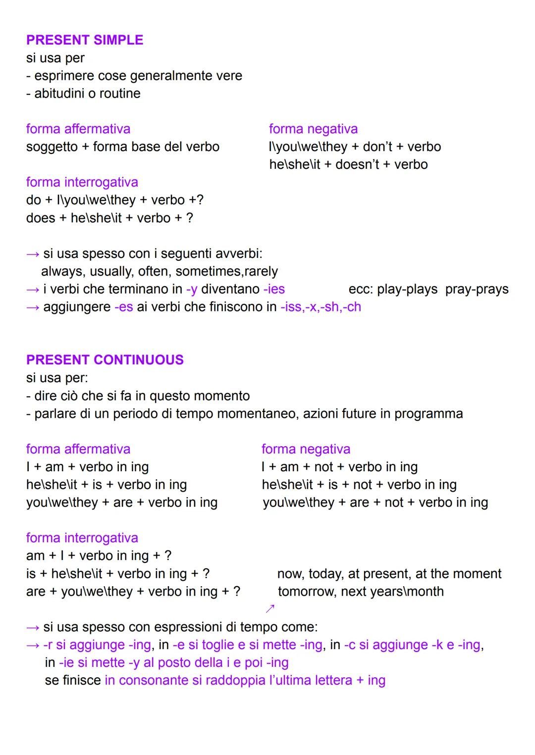 PRESENT SIMPLE
si usa per
- esprimere cose generalmente vere
- abitudini o routine
forma affermativa
soggetto + forma base del verbo
forma