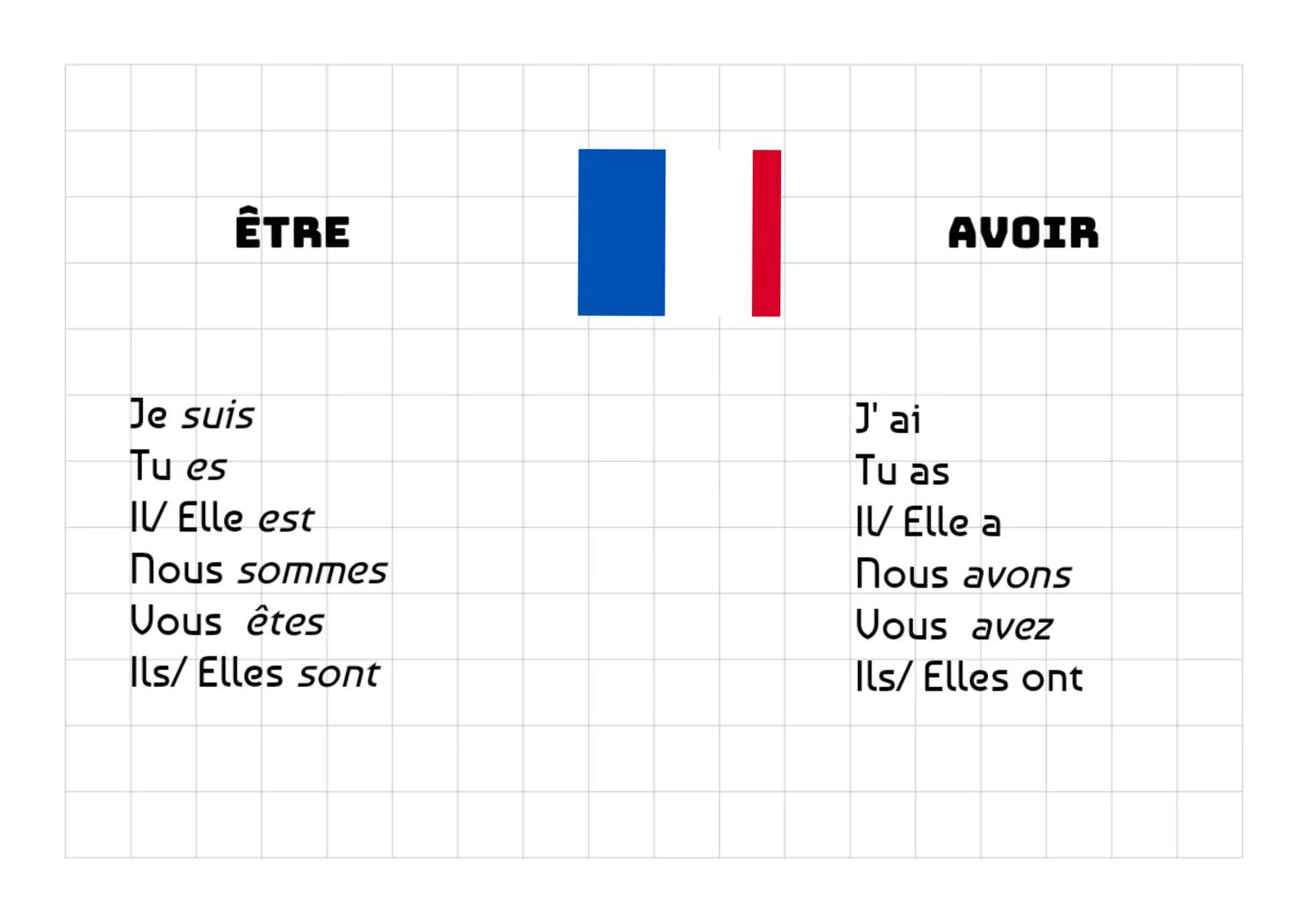 ÊTRE
AVOIR
Je suis
Tu es
IV Elle est
Nous sommes
Vous êtes
Ils/Elles sont
J'ai
Tu as
IV Elle a
Nous avons
Vous avez
Ils/Elles ont