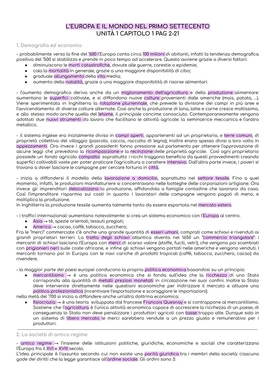 # L'EUROPA E IL MONDO NEL PRIMO SETTECENTO
UNITÀ 1 CAPITOLO 1 PAG 2-21
1. Demografia ed economia
- probabilmente verso la fine del '600 l'