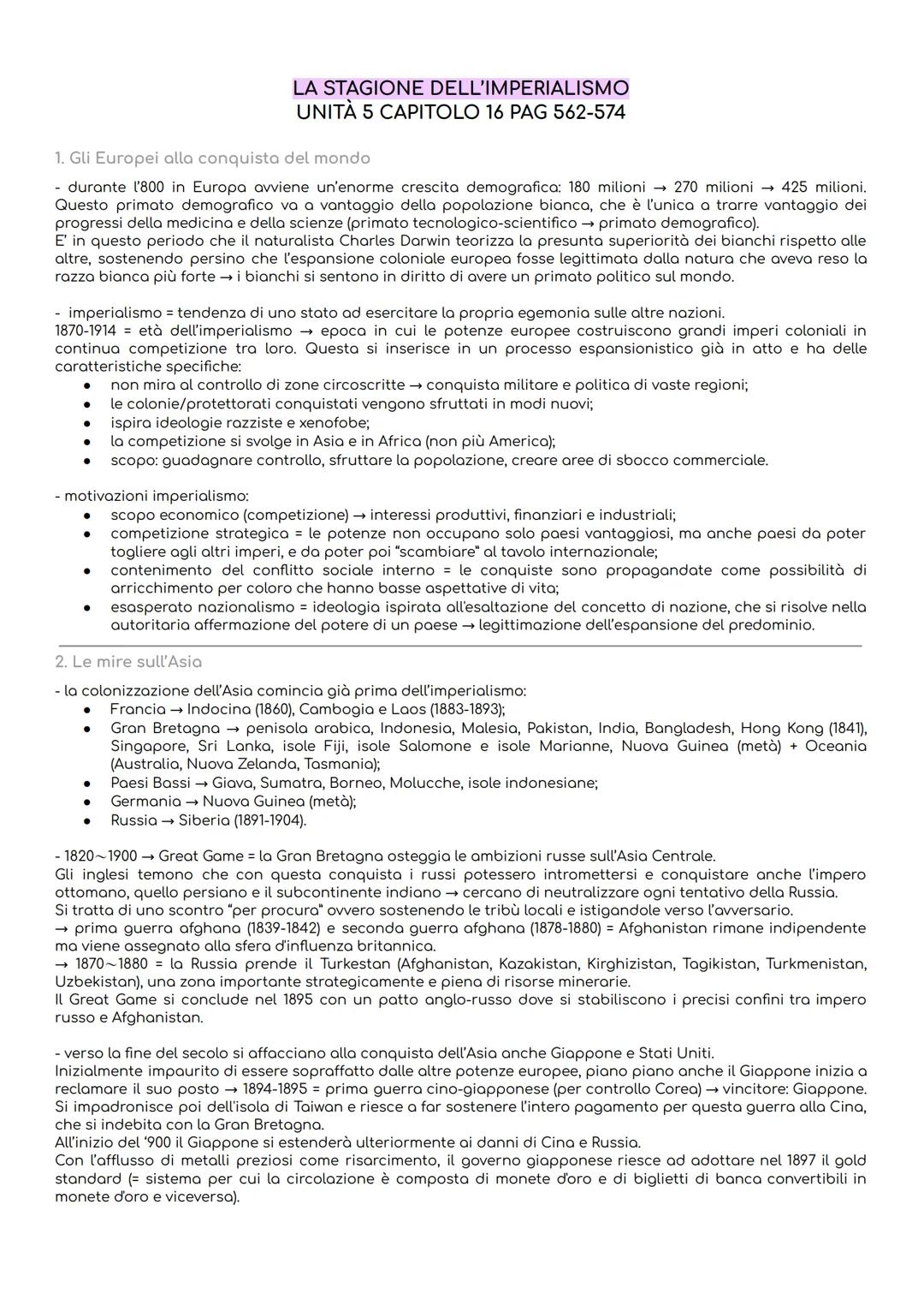 --- OCR Start ---
LA STAGIONE DELL'IMPERIALISMO
UNITÀ 5 CAPITOLO 16 PAG 562-574
1. Gli Europei alla conquista del mondo
durante l'800 in Eur