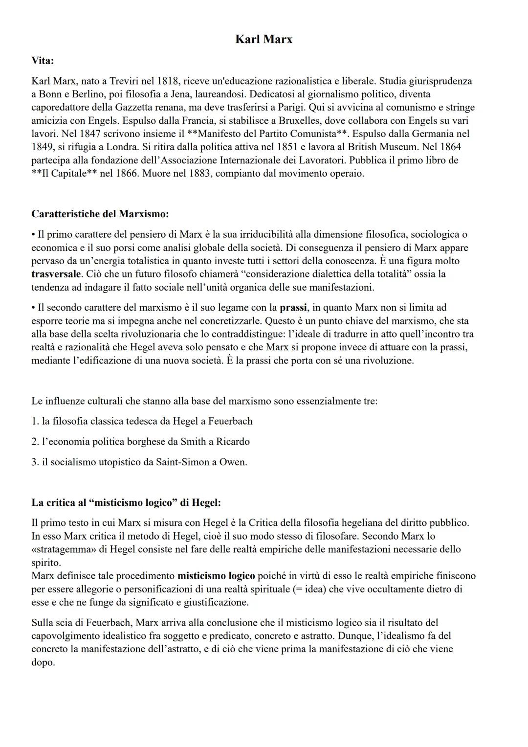 # Karl Marx
Vita:
Karl Marx, nato a Treviri nel 1818, riceve un'educazione razionalistica e liberale. Studia giurisprudenza
a Bonn e Berli