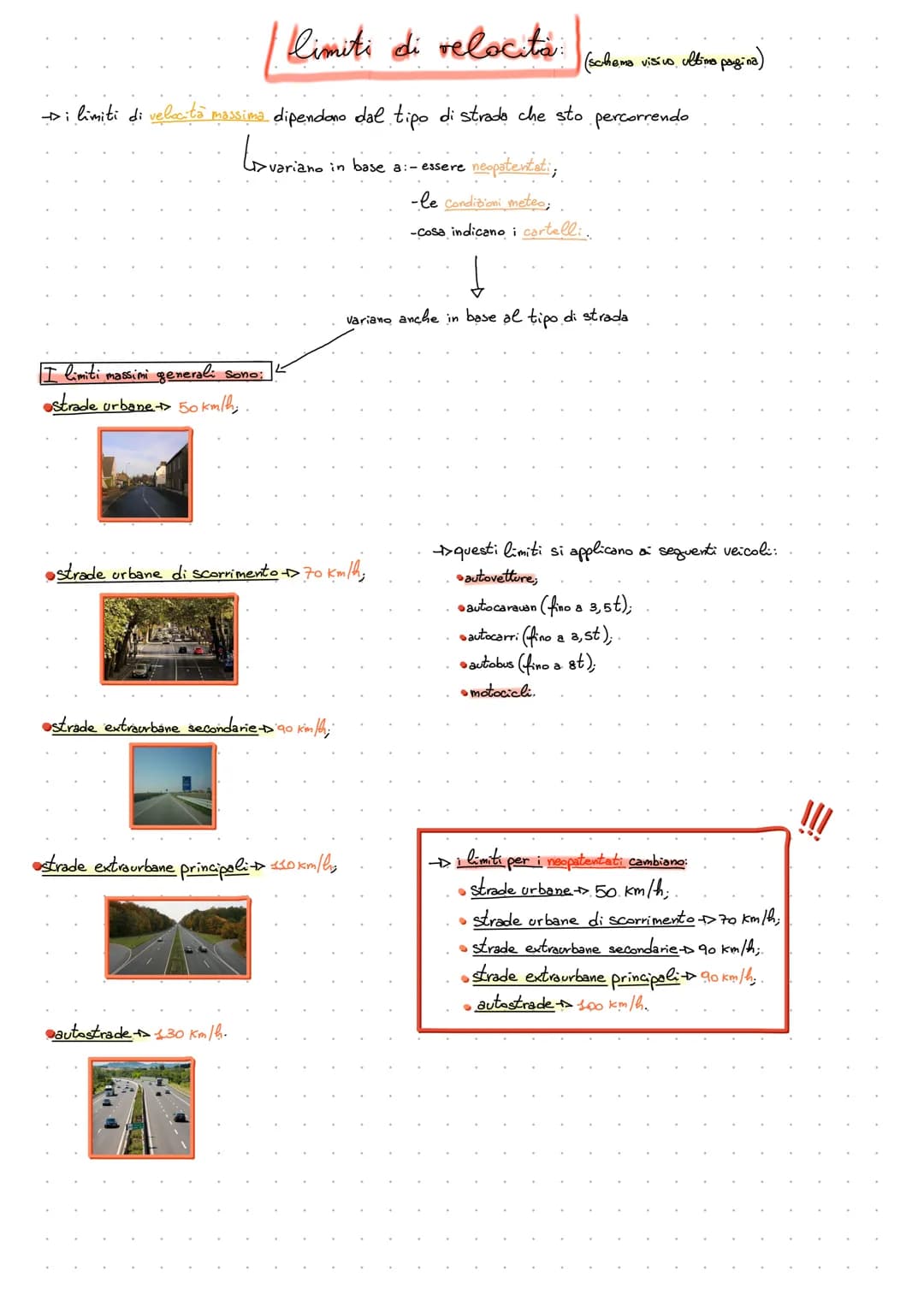 # Limiti di velocita:
(schema visivo, ultino pagina)
→i limiti di velocità massima dipendono dal tipo di strade che sto percorrendo
I limi